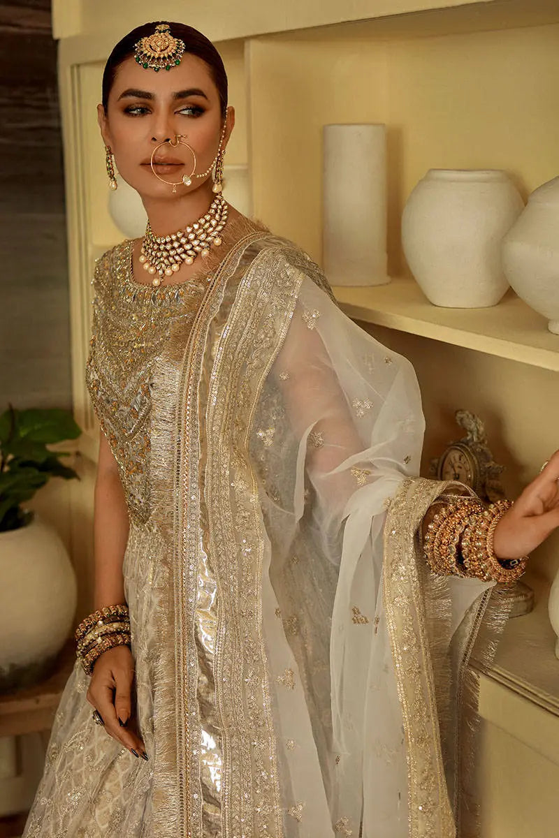 Cream Embroidered Organza & Jamawar Pishwas (3-Piece) - Image 2