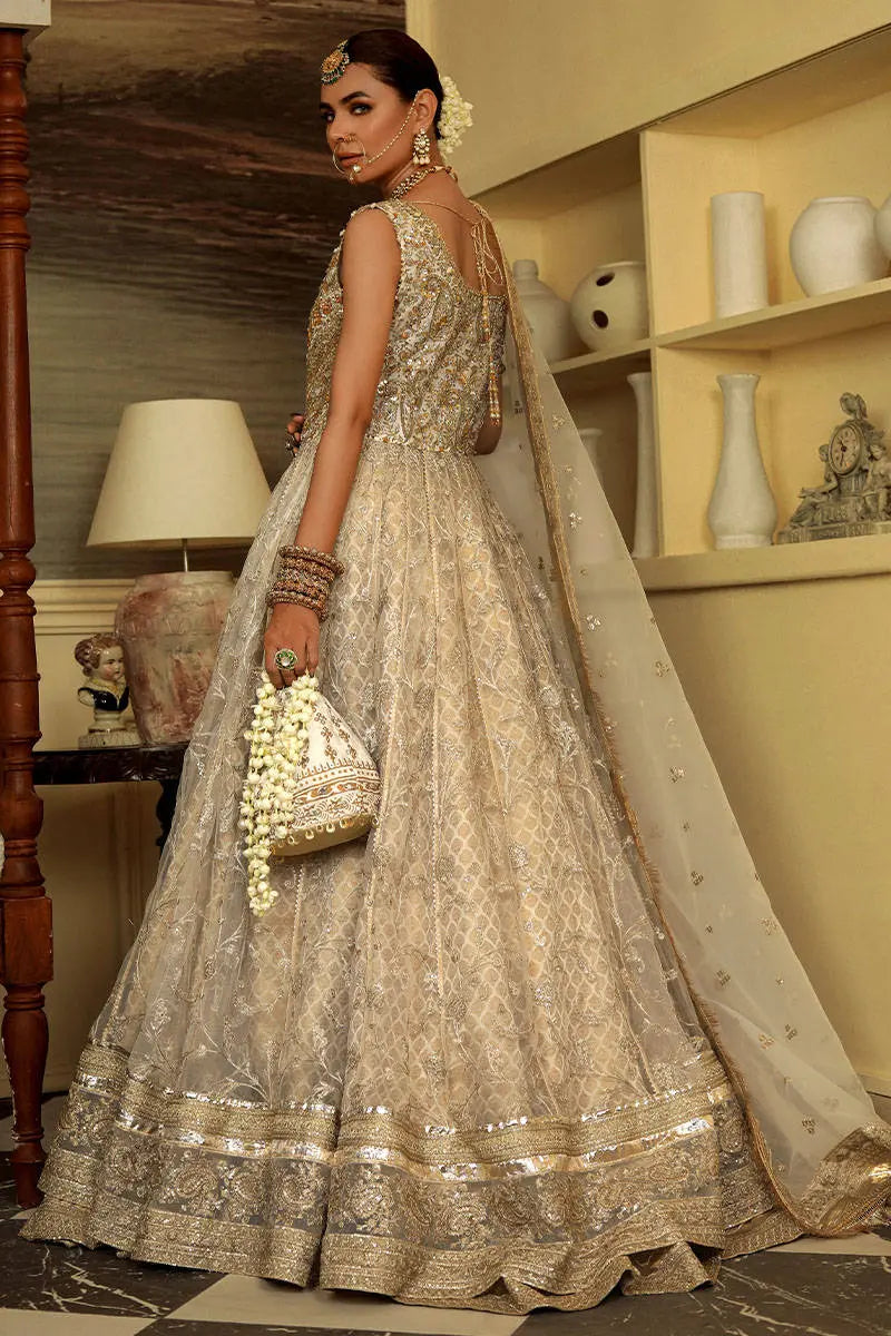 Cream Embroidered Organza & Jamawar Pishwas (3-Piece) - Image 3