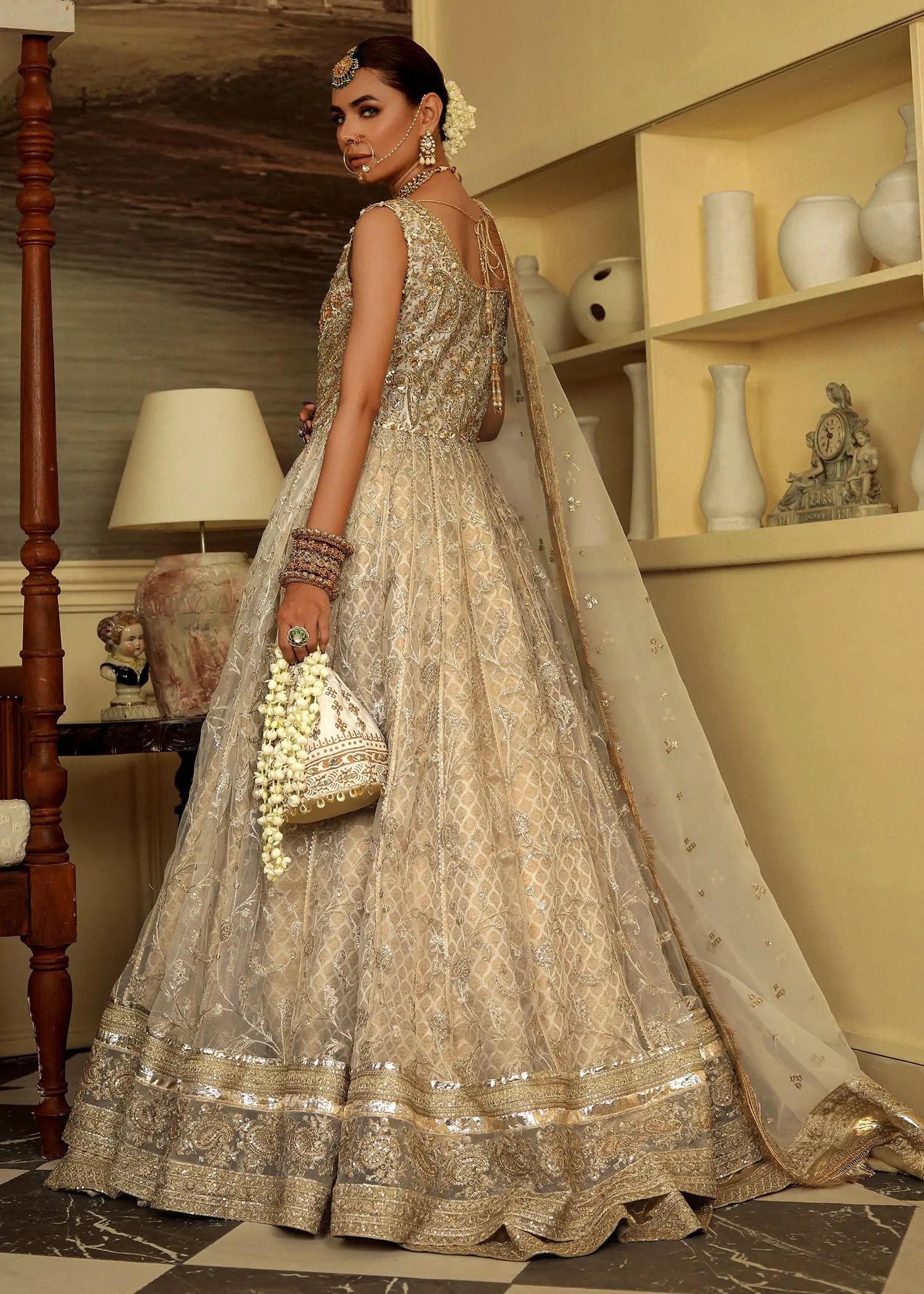 Cream Embroidered Organza & Jamawar Pishwas (3-Piece) - Image 4