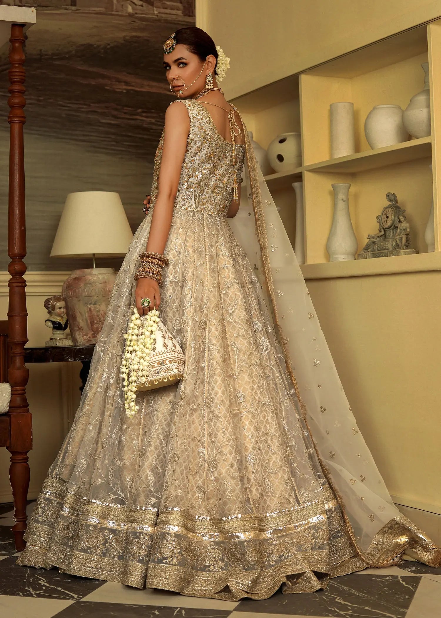 Cream Embroidered Organza & Jamawar Pishwas (3-Piece) - Image 5