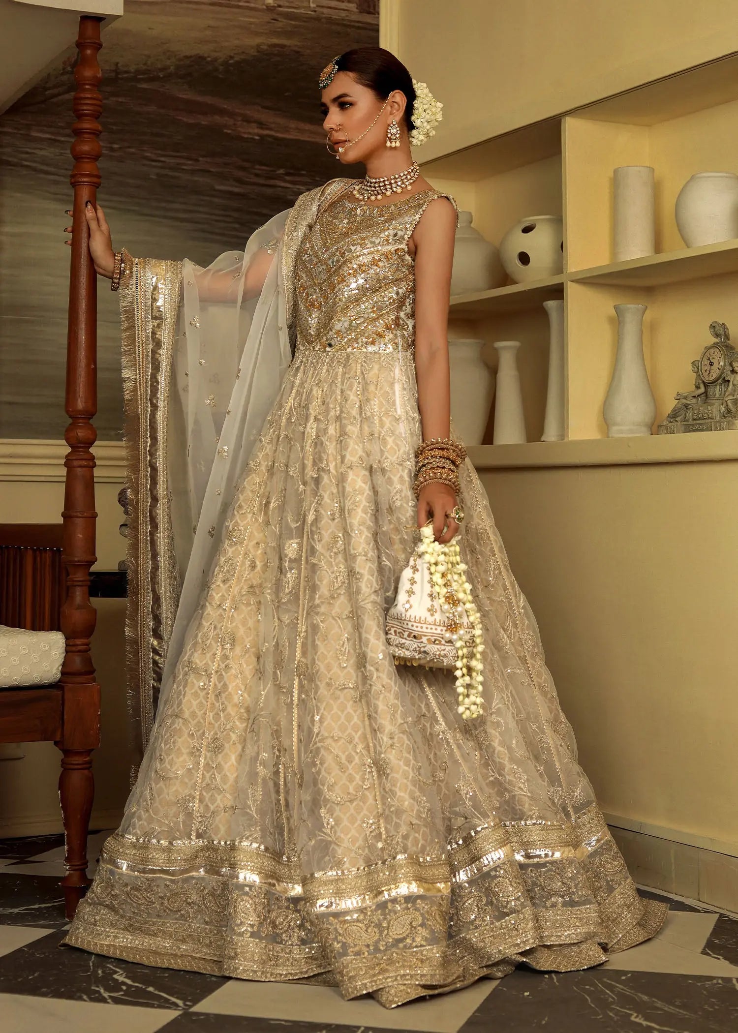 Cream Embroidered Organza & Jamawar Pishwas (3-Piece) - Image 6