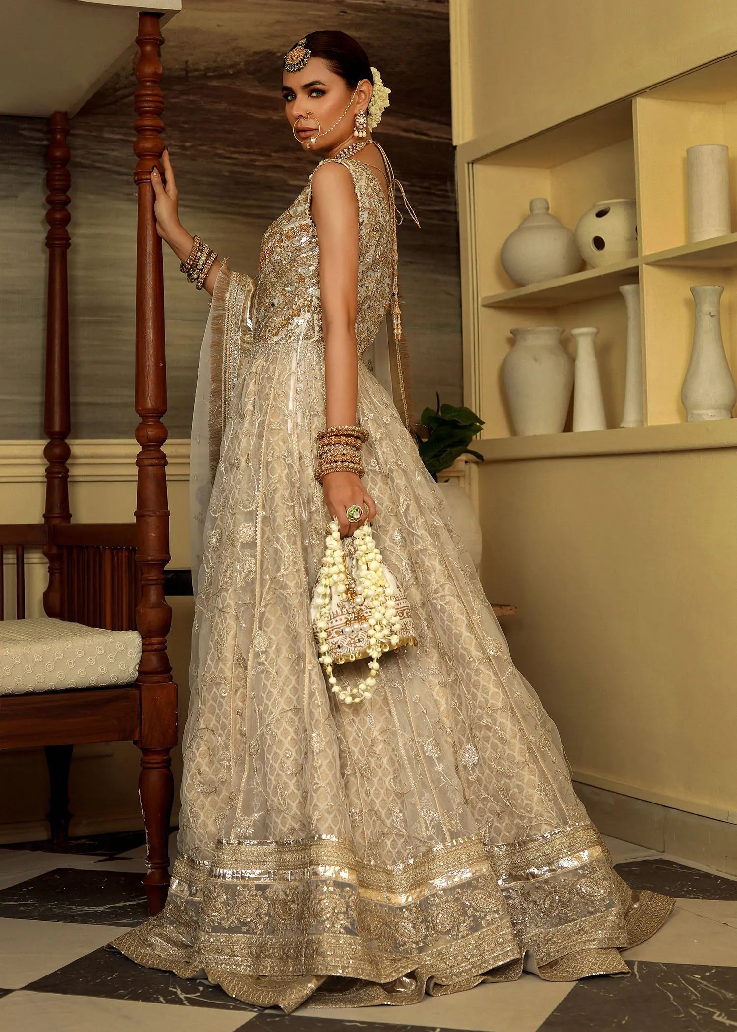 Cream Embroidered Organza & Jamawar Pishwas (3-Piece) - Image 7