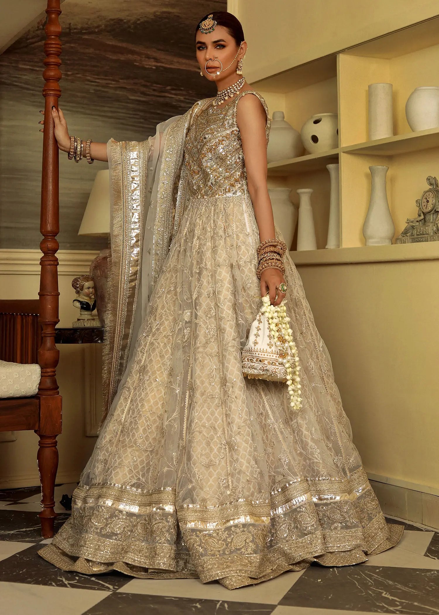 Cream Embroidered Organza & Jamawar Pishwas (3-Piece) - Image 8
