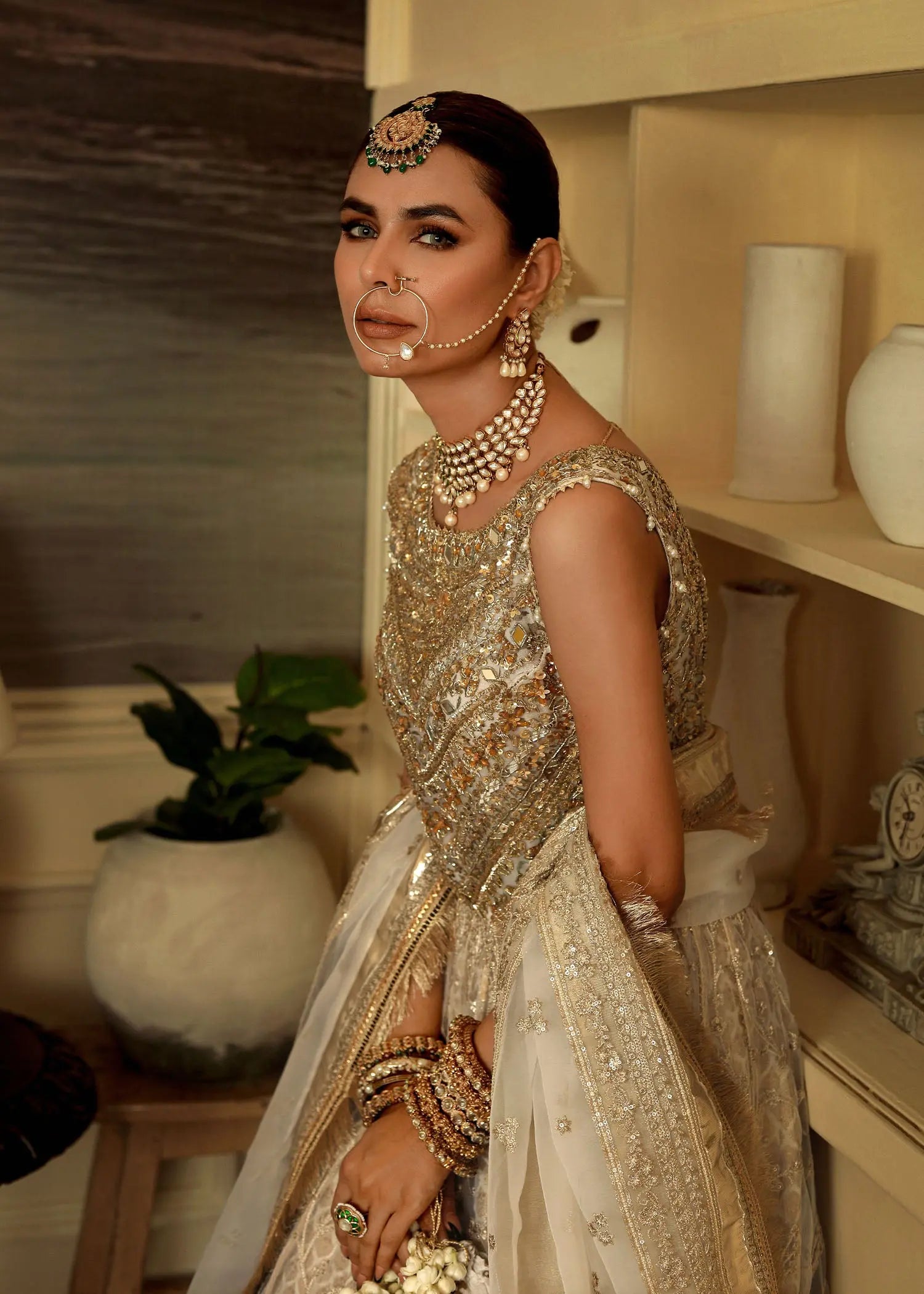 Cream Embroidered Organza & Jamawar Pishwas (3-Piece) - Image 9