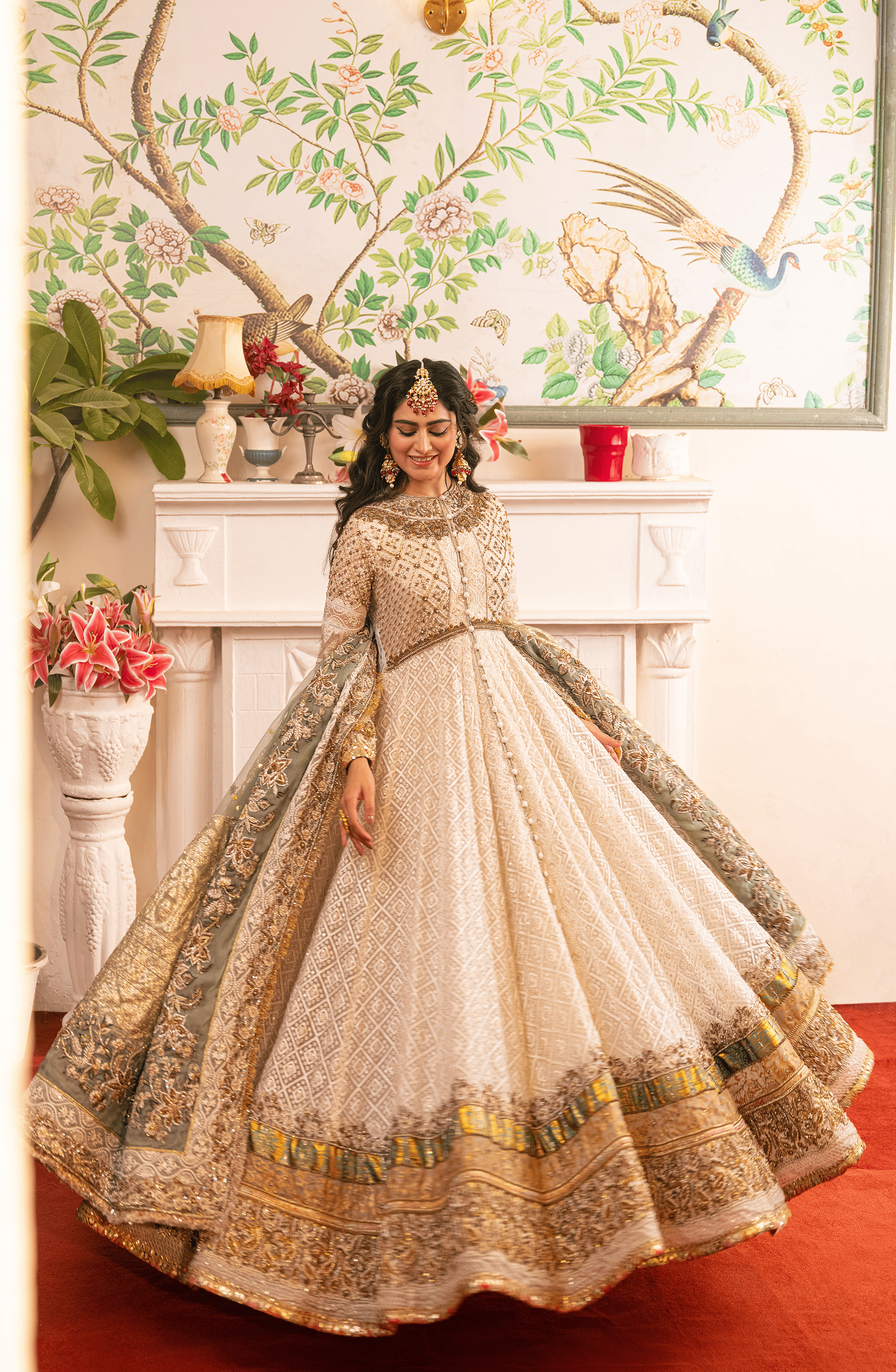 Pakistani Pearl White Embroidered Organza Pishwas (3-Piece) - Image 2