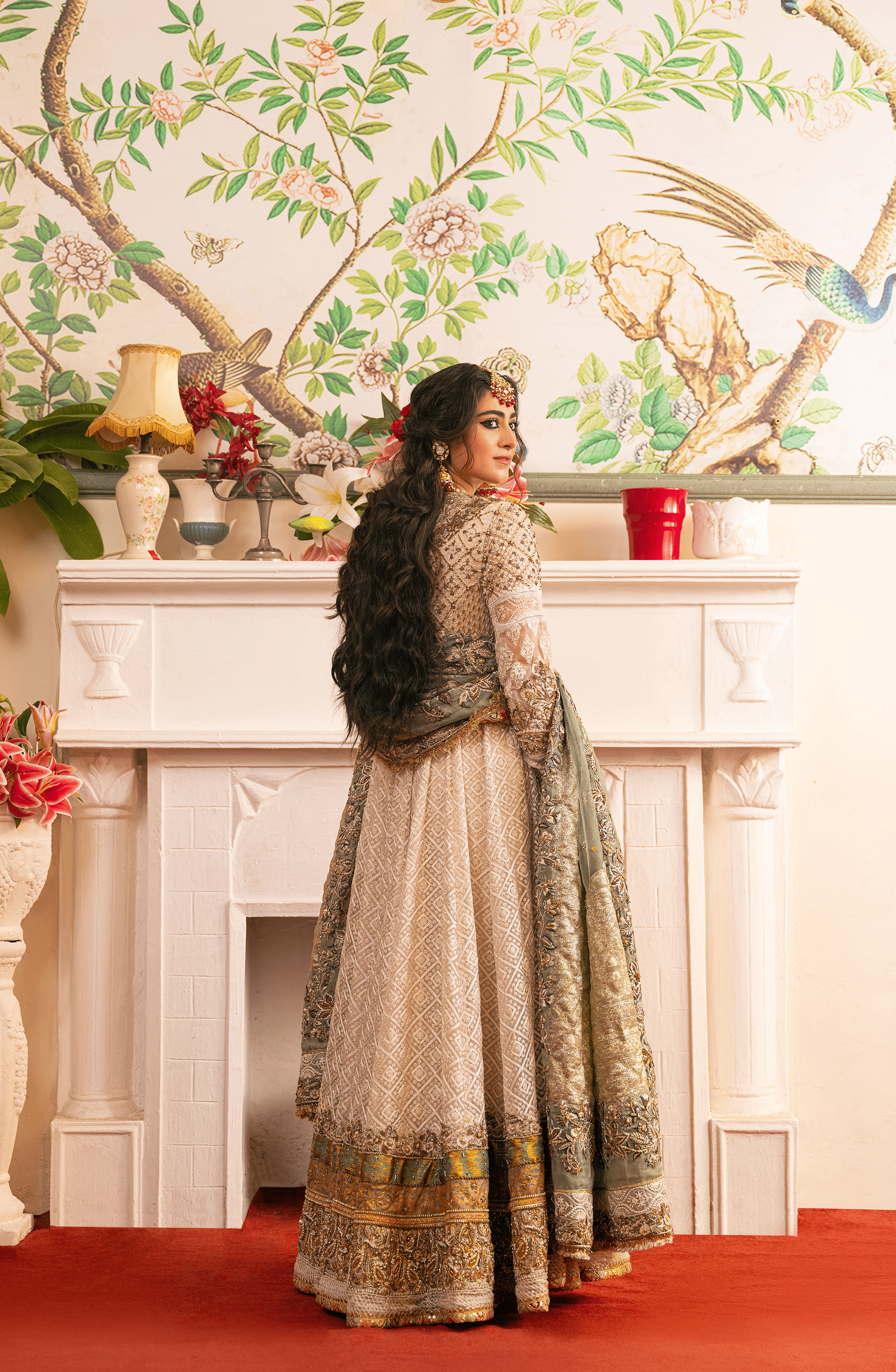 Pakistani Pearl White Embroidered Organza Pishwas (3-Piece) - Image 5