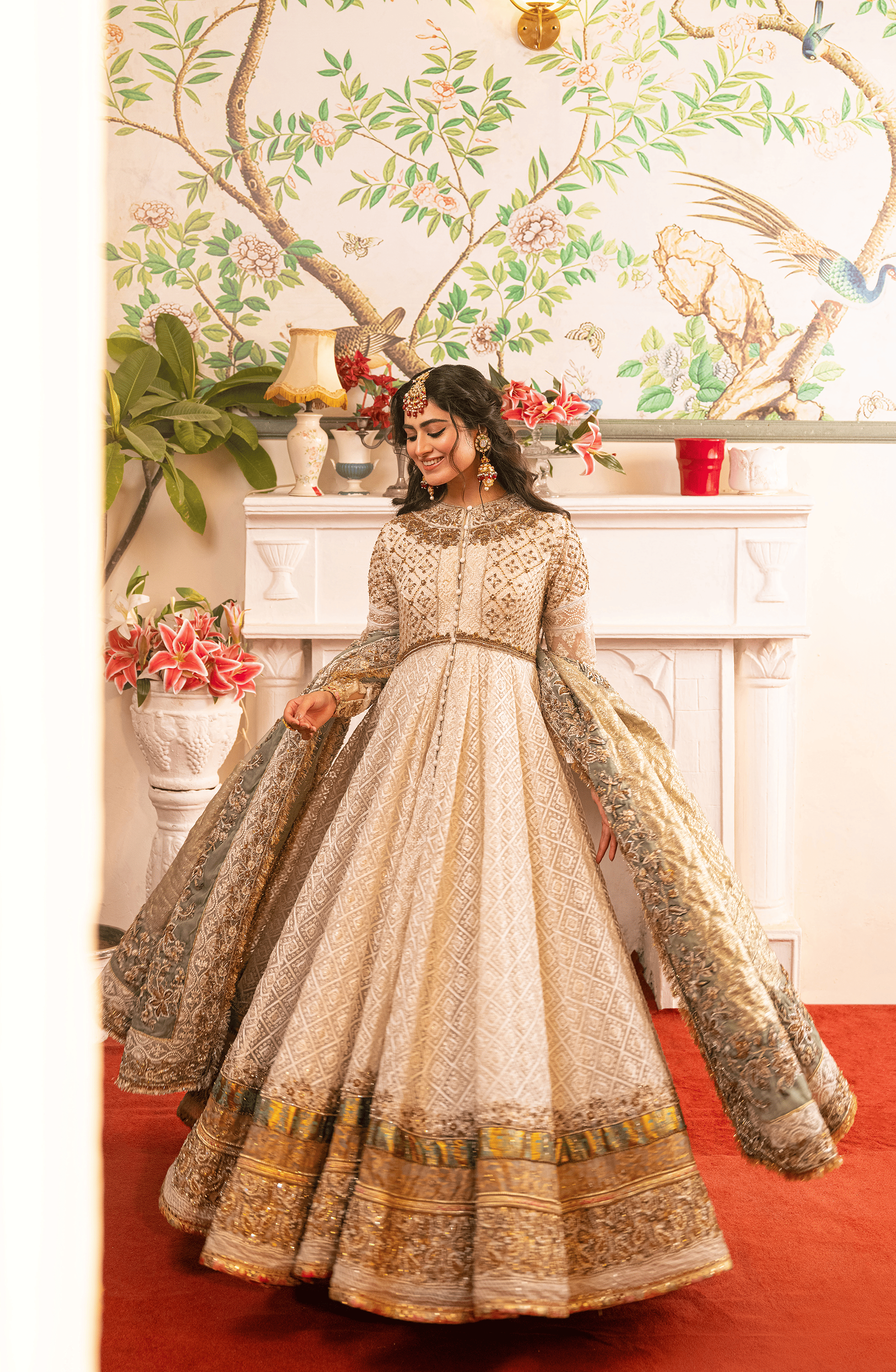 Pakistani Pearl White Embroidered Organza Pishwas (3-Piece) - Image 6