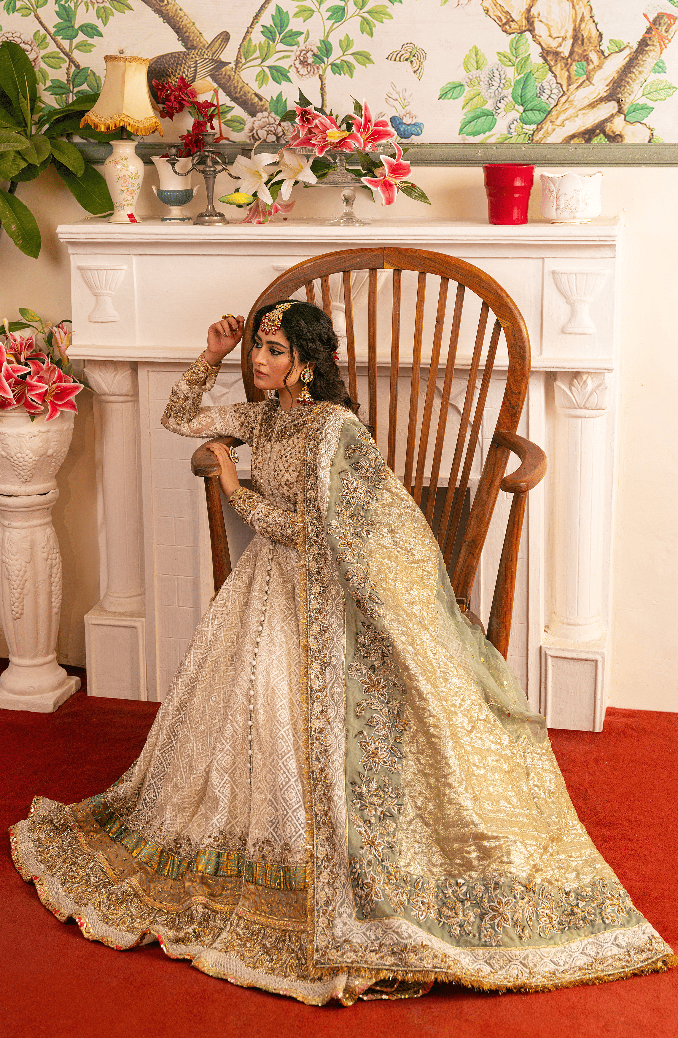 Pakistani Pearl White Embroidered Organza Pishwas (3-Piece) - Image 7