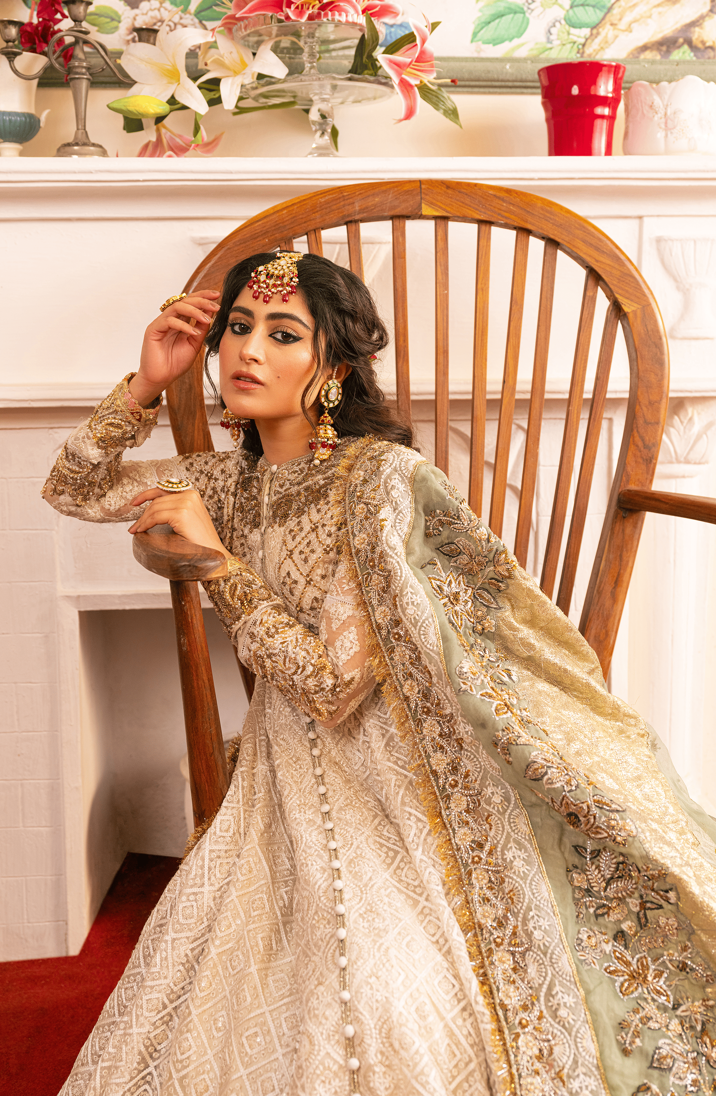 Pakistani Pearl White Embroidered Organza Pishwas (3-Piece) - Image 8