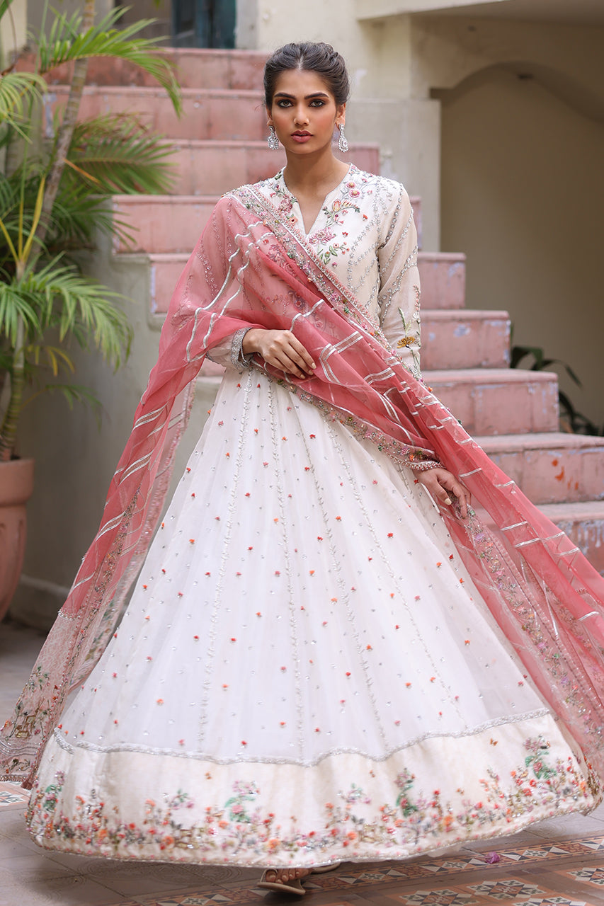 Pakistani Ivory Embroidered Pure Organza Pishwas (3-Piece) - Image 1