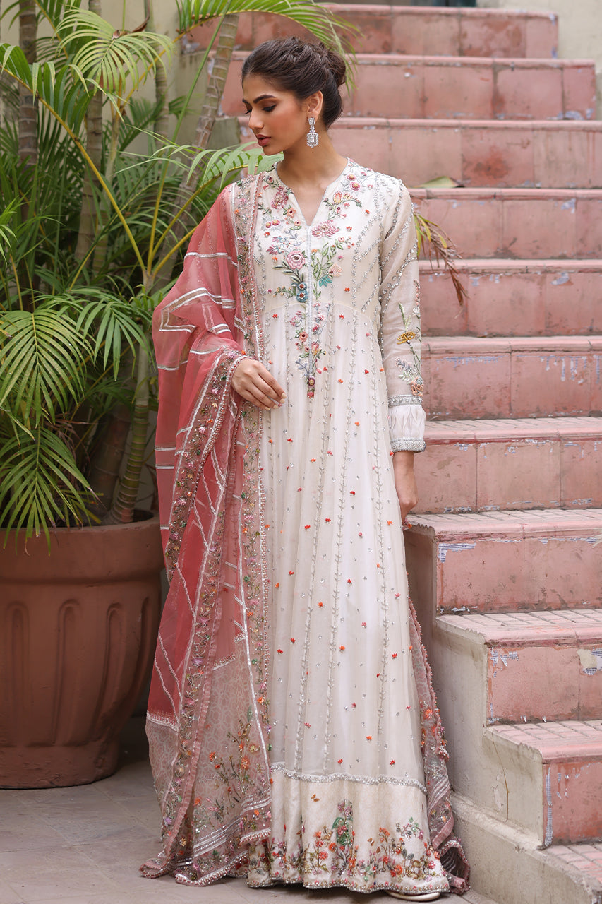 Pakistani Ivory Embroidered Pure Organza Pishwas (3-Piece) - Image 2