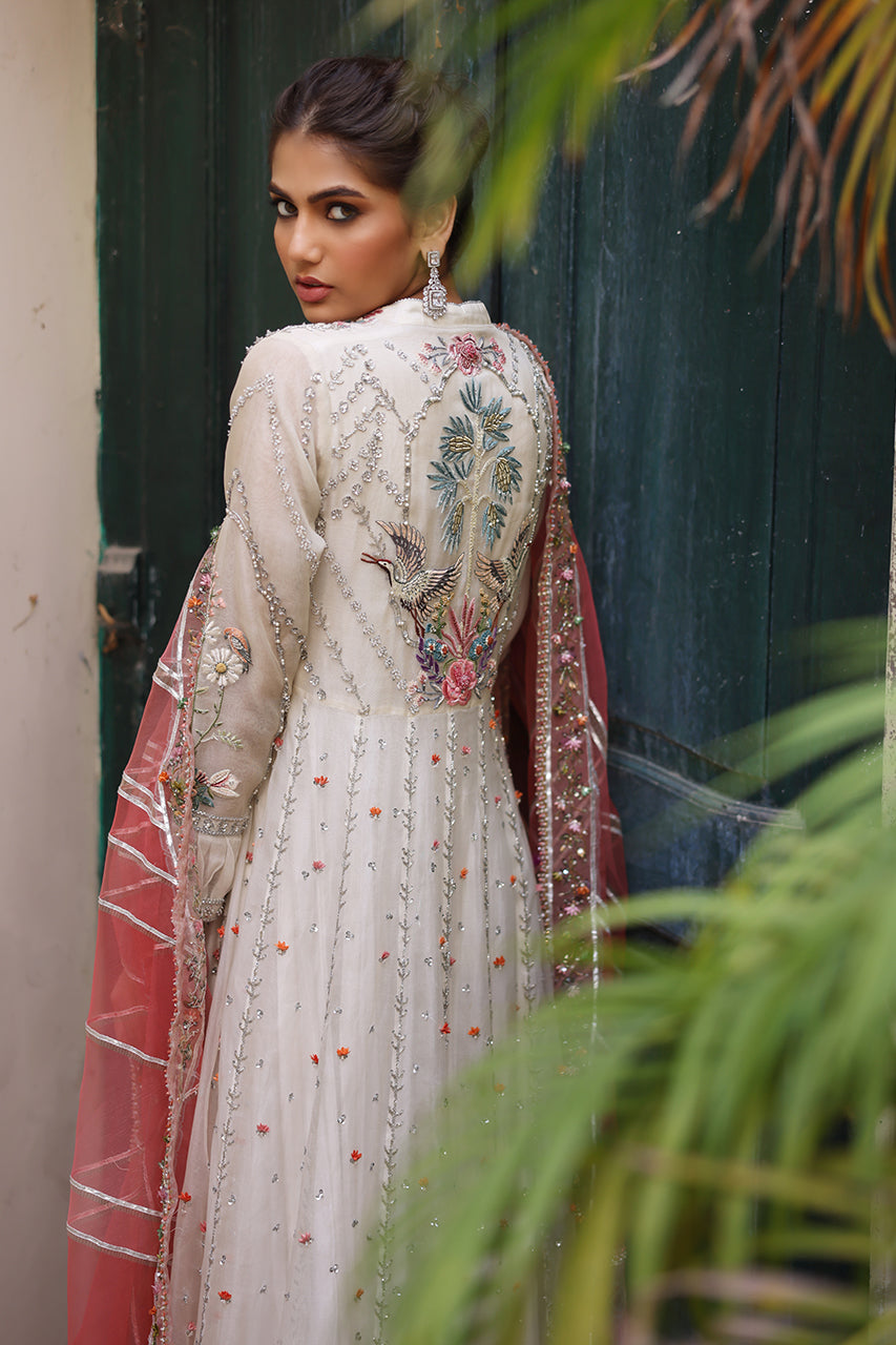 Pakistani Ivory Embroidered Pure Organza Pishwas (3-Piece) - Image 5