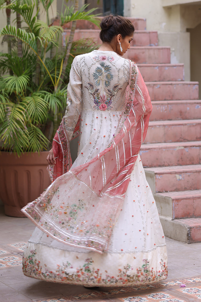 Pakistani Ivory Embroidered Pure Organza Pishwas (3-Piece) - Image 6
