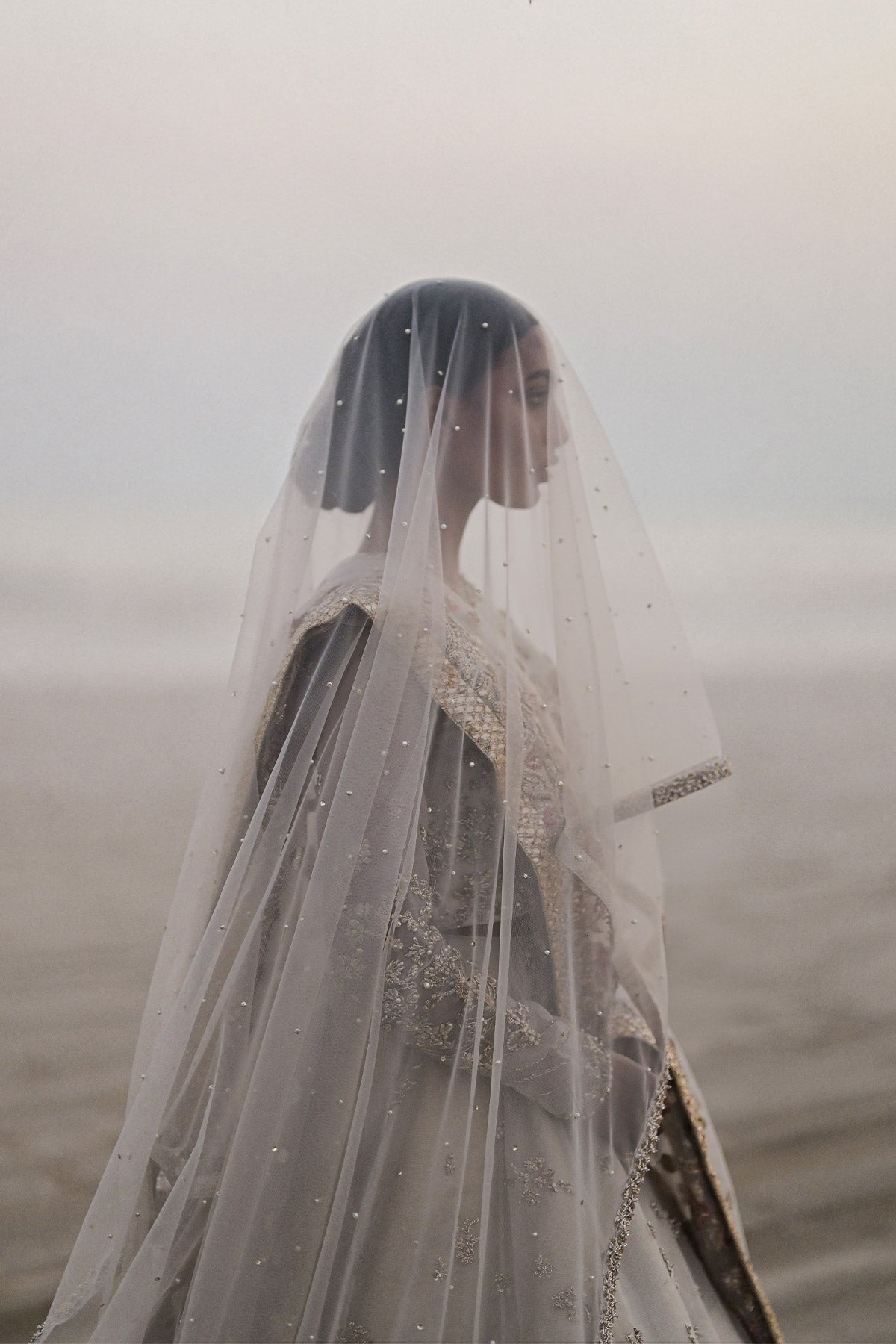 Pakistani Ivory Embroidered Organza Silk Pishwas Gown (3-Piece) - Image 1