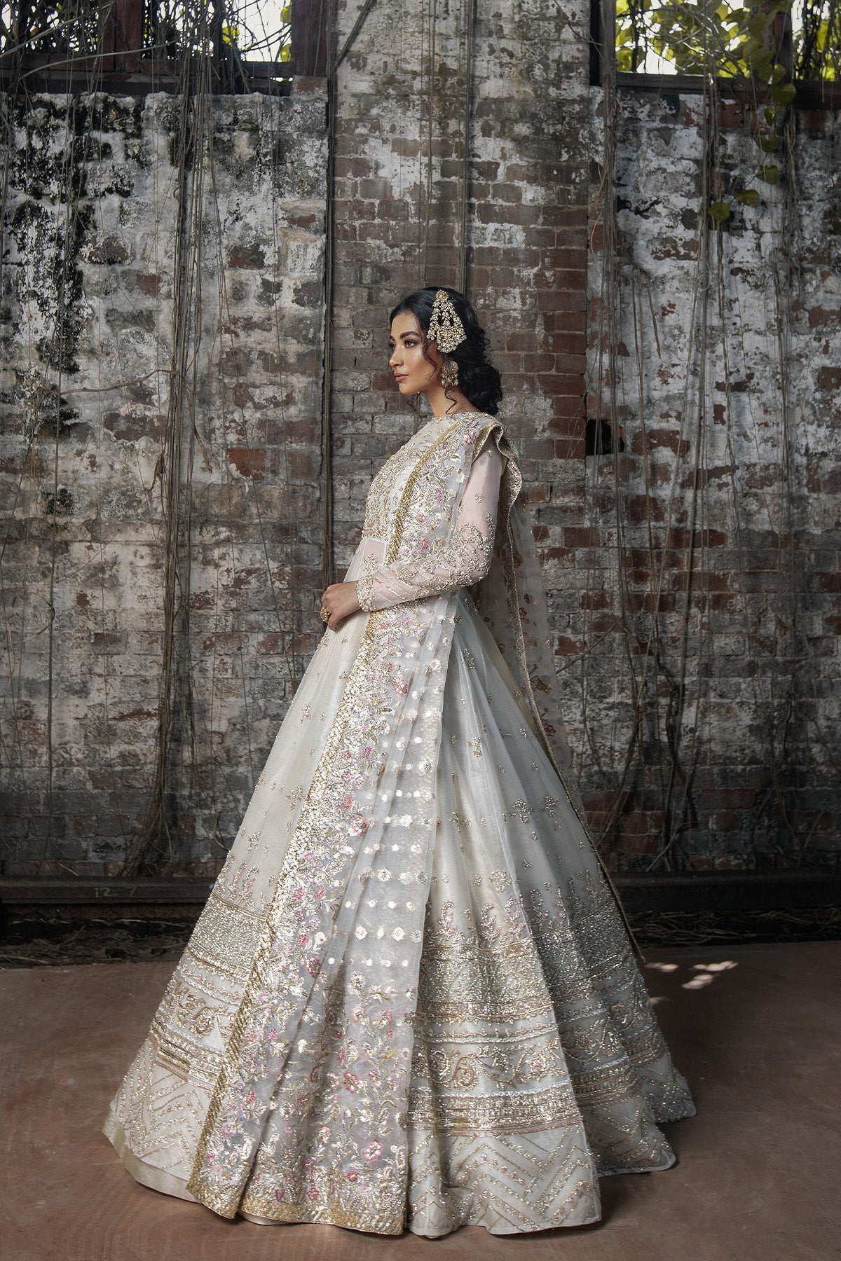 Pakistani Ivory Embroidered Organza Silk Pishwas Gown (3-Piece) - Image 5