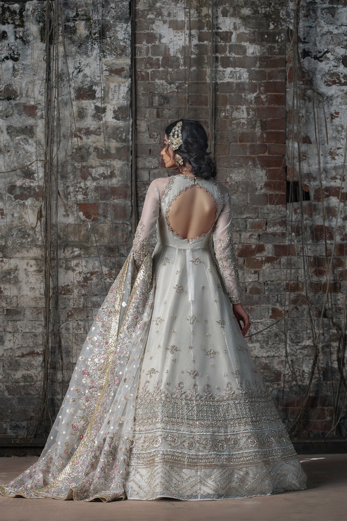 Pakistani Ivory Embroidered Organza Silk Pishwas Gown (3-Piece) - Image 6