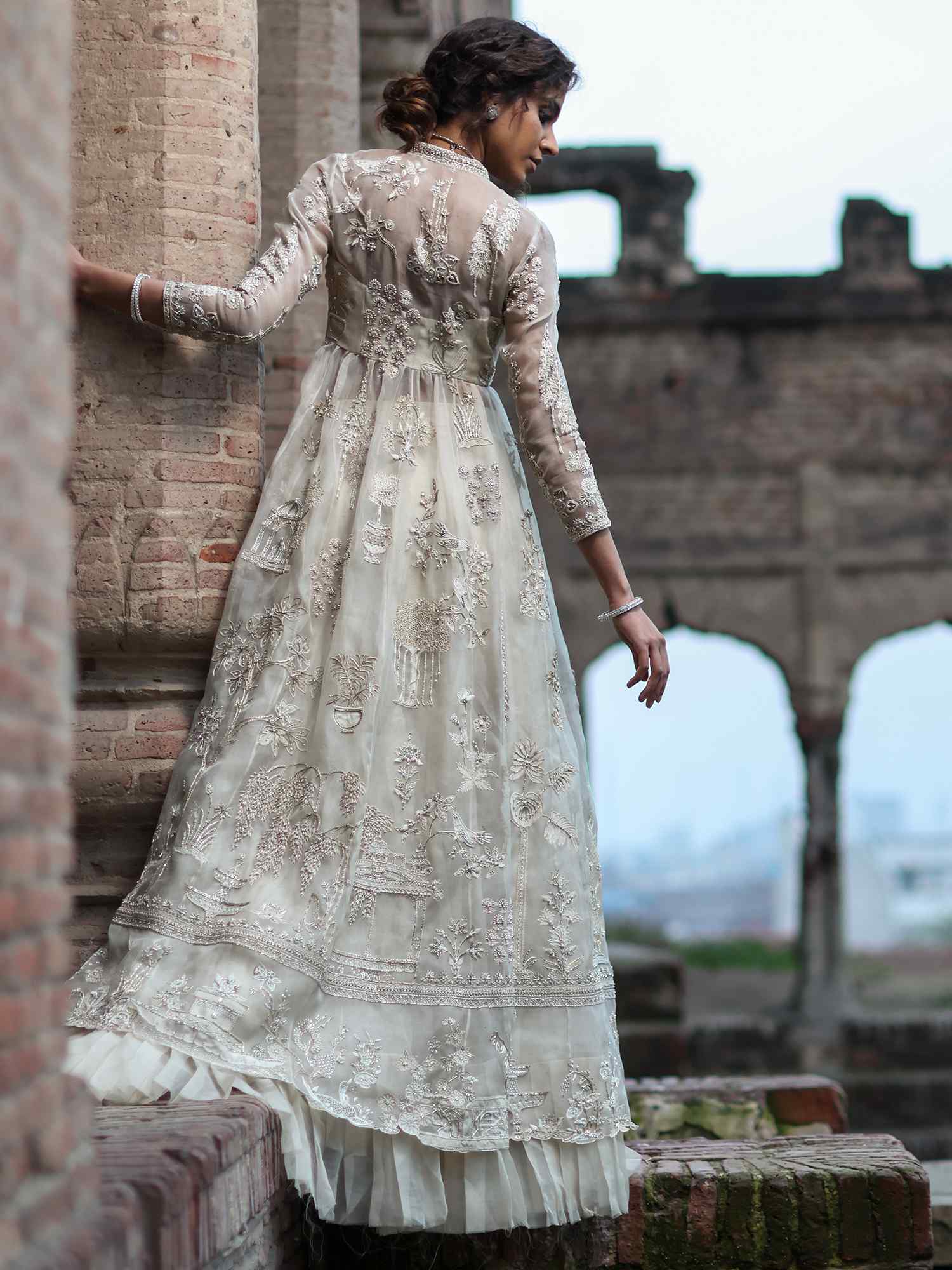 Ivory Embroidered Organza Pishwas Dress (2-Piece) - Image 2