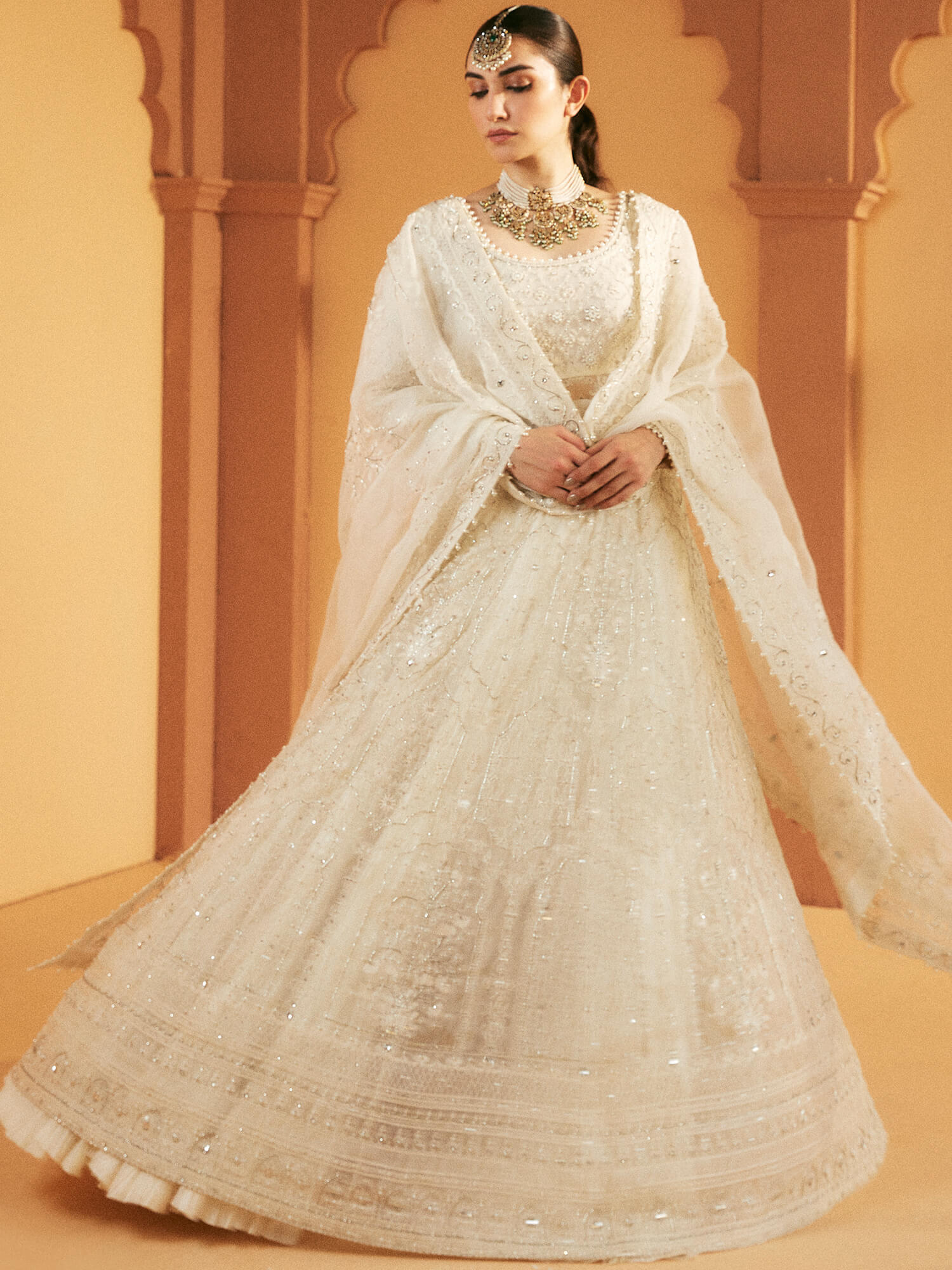 Ivory Embroidered Organza Pishwas Dress (3-Piece) - Image 2