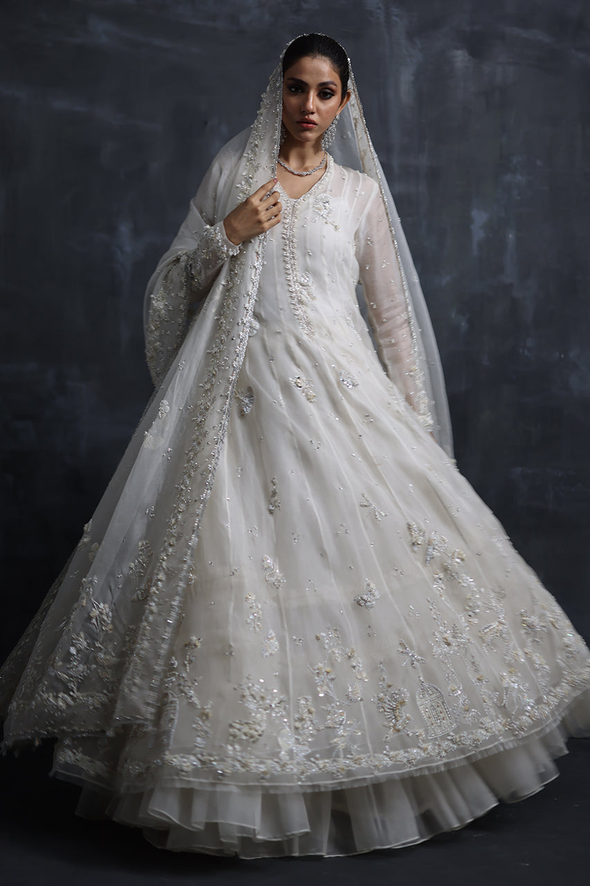 Off-White Zardozi Organza Pishwas Dress (3-Piece) - Image 3