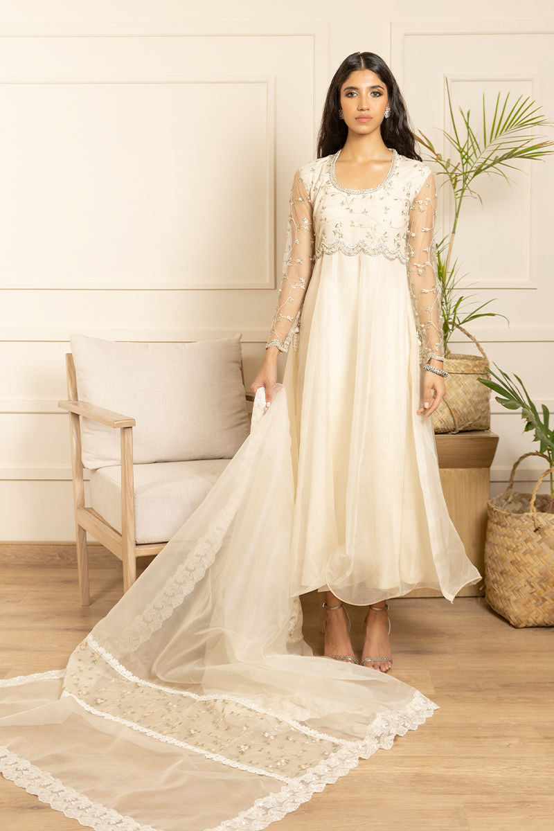 Pakistani Ivory Zardozi Organza Pishwas Dress (3-Piece) - Image 1