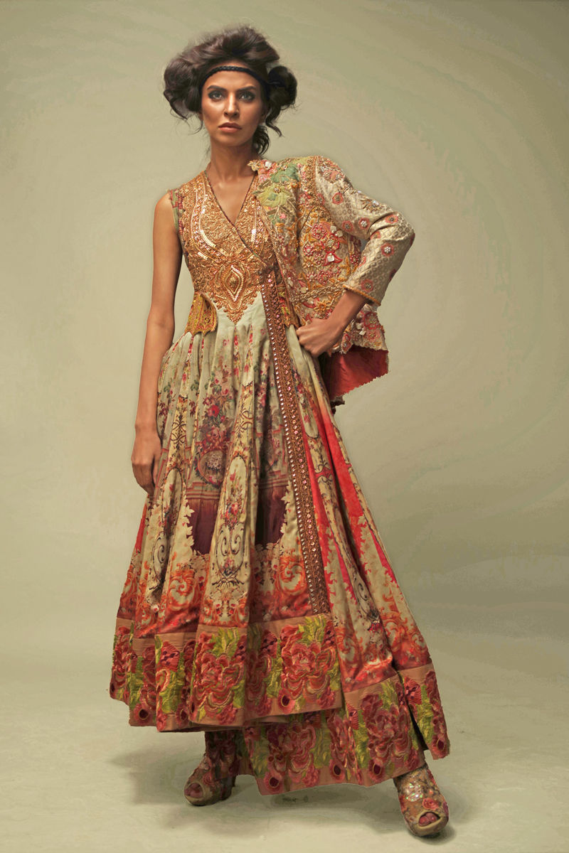 Ivory-Gold Embroidered Raw Silk Pishwas (3-Piece) - Image 1