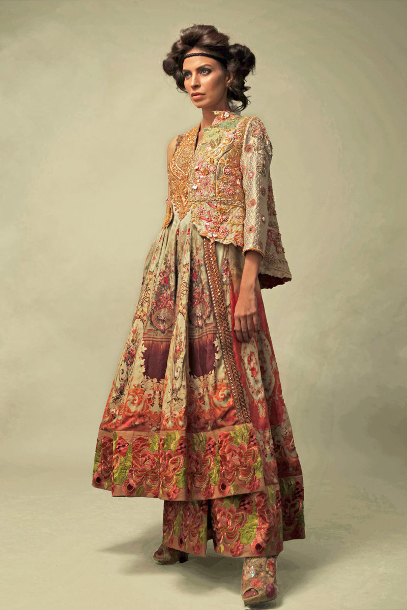 Ivory-Gold Embroidered Raw Silk Pishwas (3-Piece) - Image 2