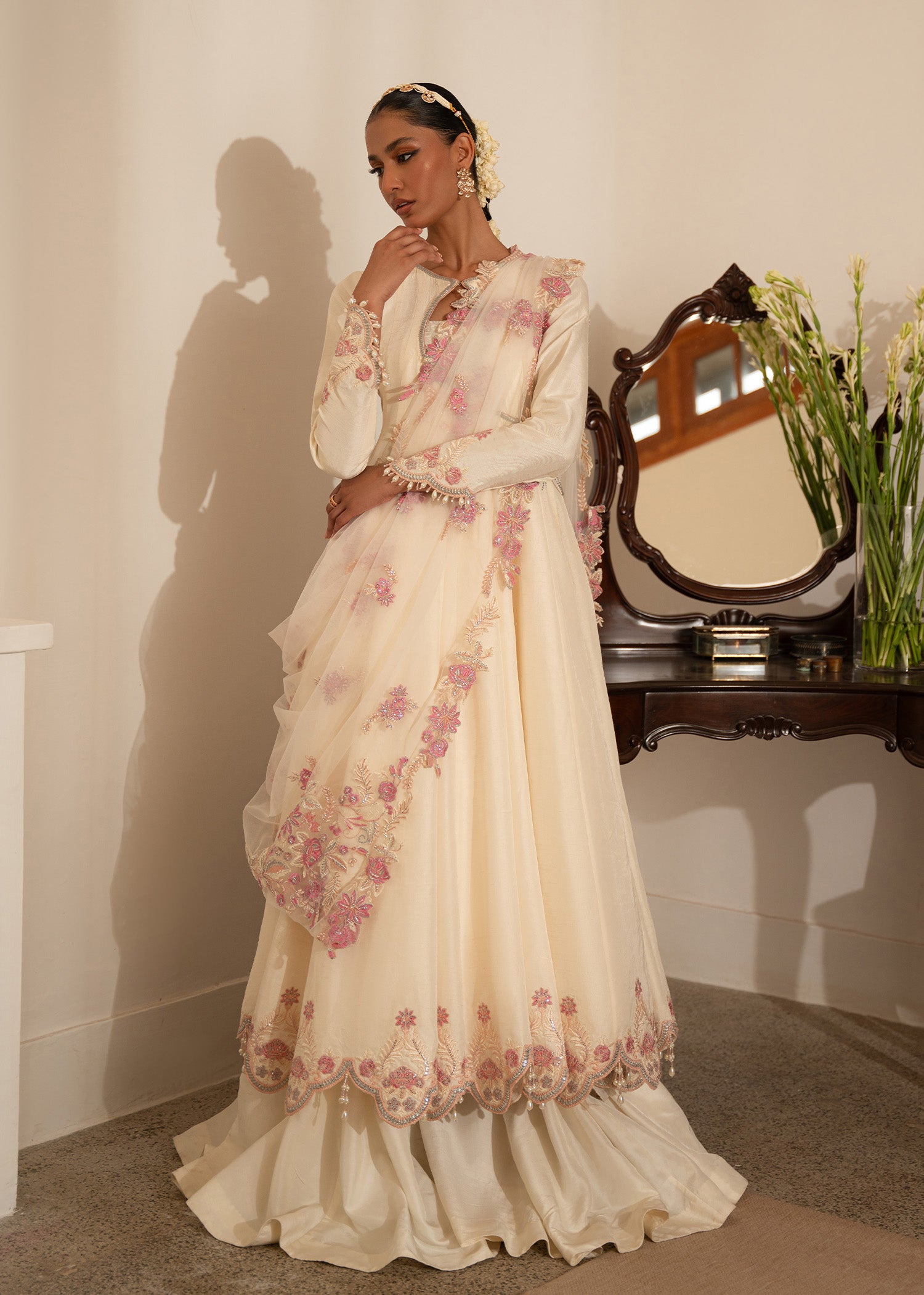 Pakistani Ivory Embroidered Raw Silk Pishwas Dress (3-Piece) - Image 2