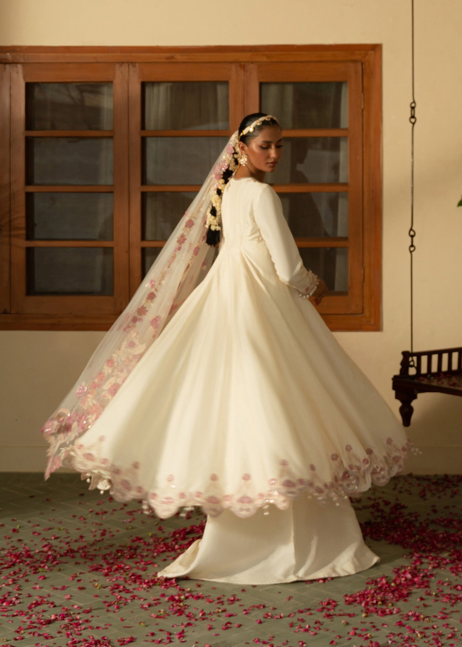 Pakistani Ivory Embroidered Raw Silk Pishwas Dress (3-Piece) - Image 3