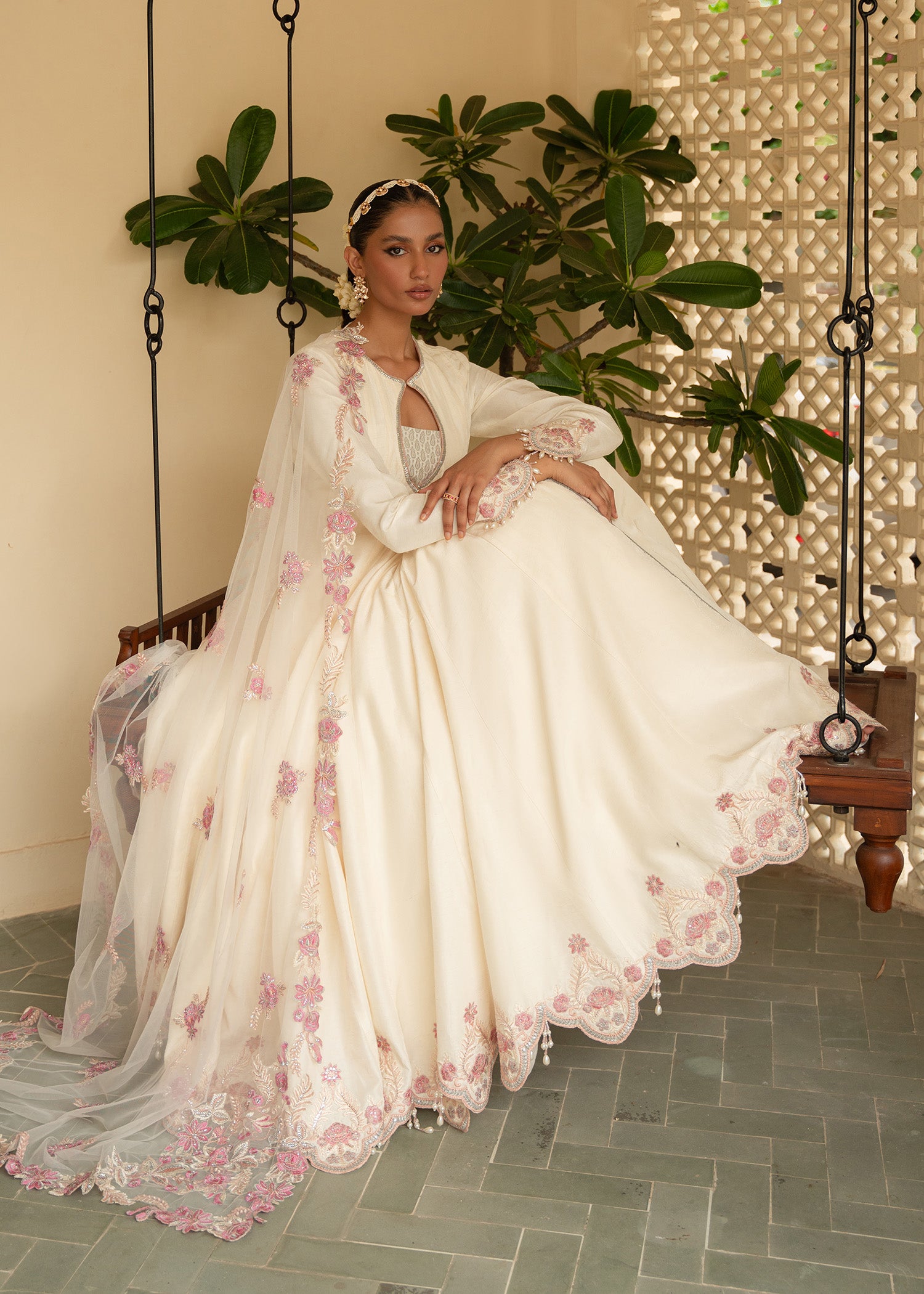 Pakistani Ivory Embroidered Raw Silk Pishwas Dress (3-Piece) - Image 4