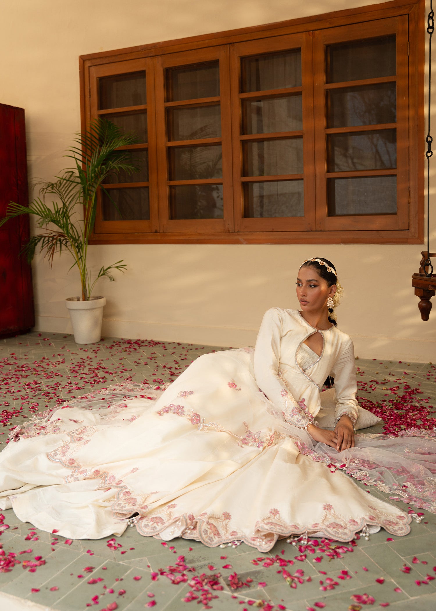 Pakistani Ivory Embroidered Raw Silk Pishwas Dress (3-Piece) - Image 5