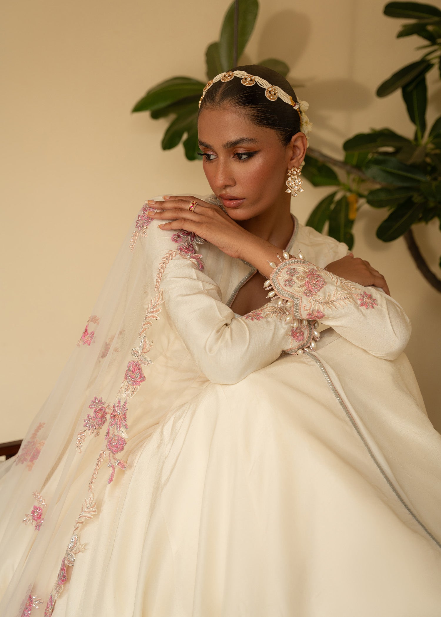 Pakistani Ivory Embroidered Raw Silk Pishwas Dress (3-Piece) - Image 6