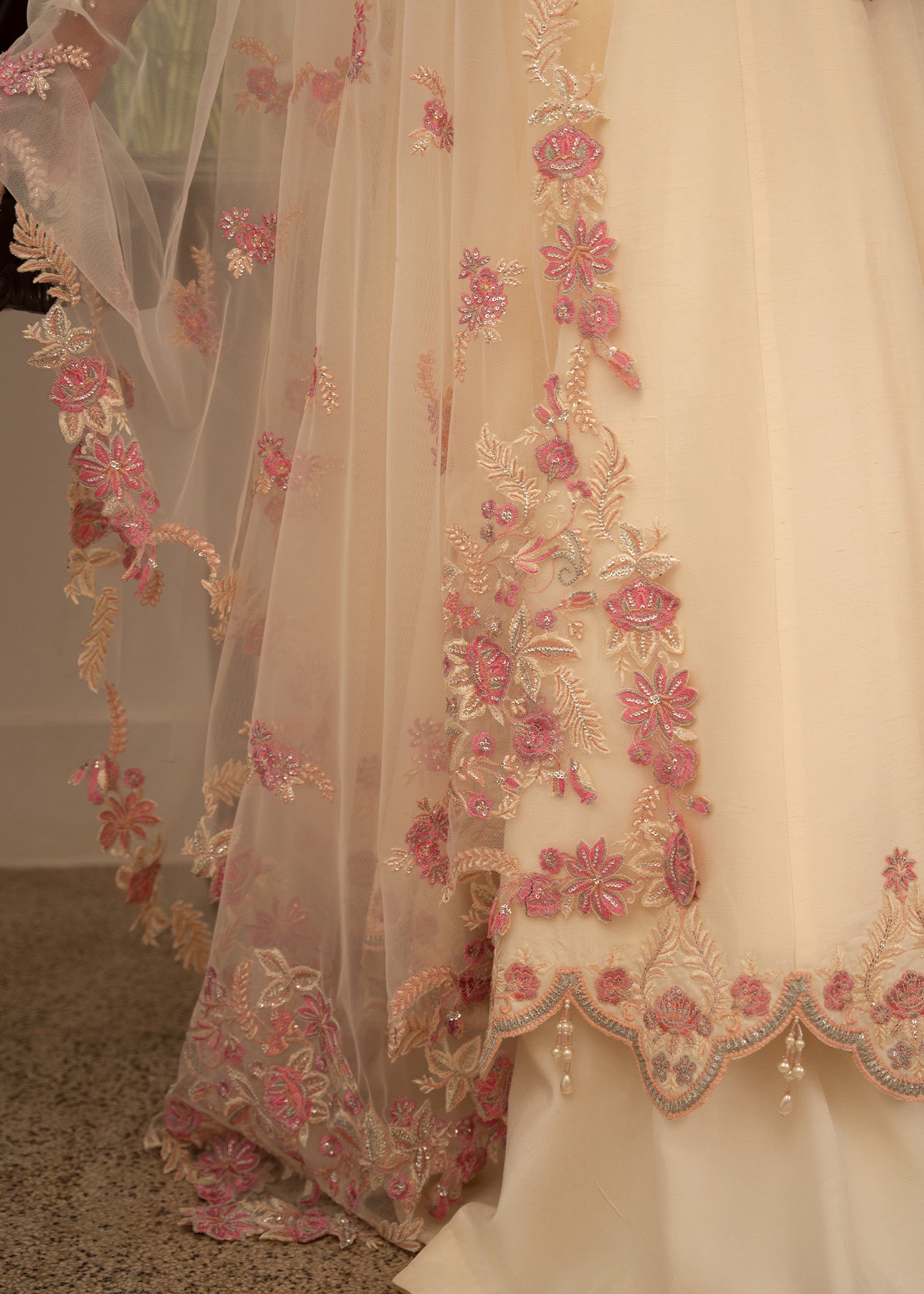 Pakistani Ivory Embroidered Raw Silk Pishwas Dress (3-Piece) - Image 7