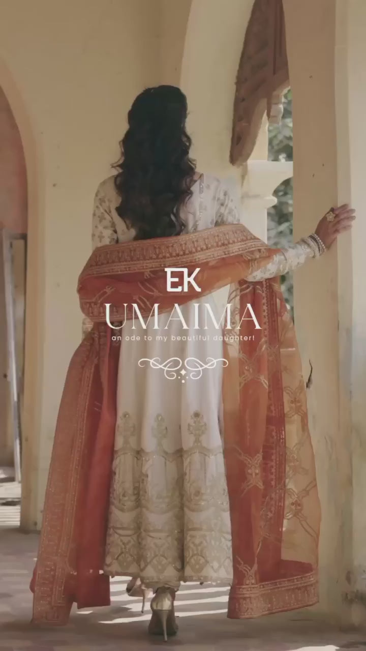 Pakistani Off-White Gold Embroidered Raw Silk Pishwas (3-Piece) - Image 10