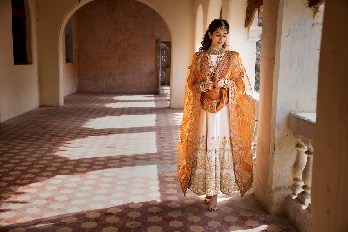 Pakistani Off-White Gold Embroidered Raw Silk Pishwas (3-Piece) - Image 6