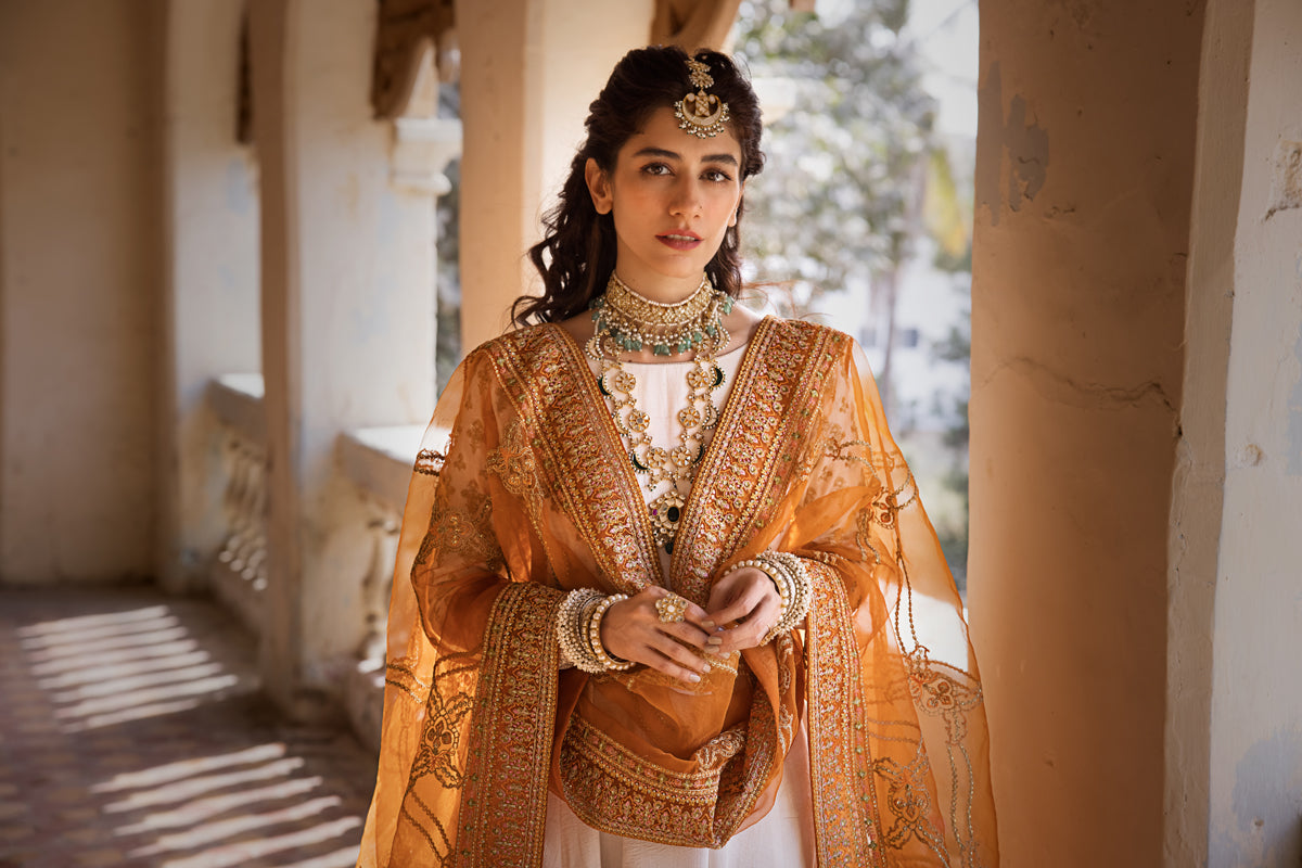 Pakistani Off-White Gold Embroidered Raw Silk Pishwas (3-Piece) - Image 8