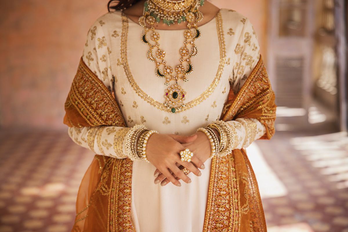 Pakistani Off-White Gold Embroidered Raw Silk Pishwas (3-Piece) - Image 9