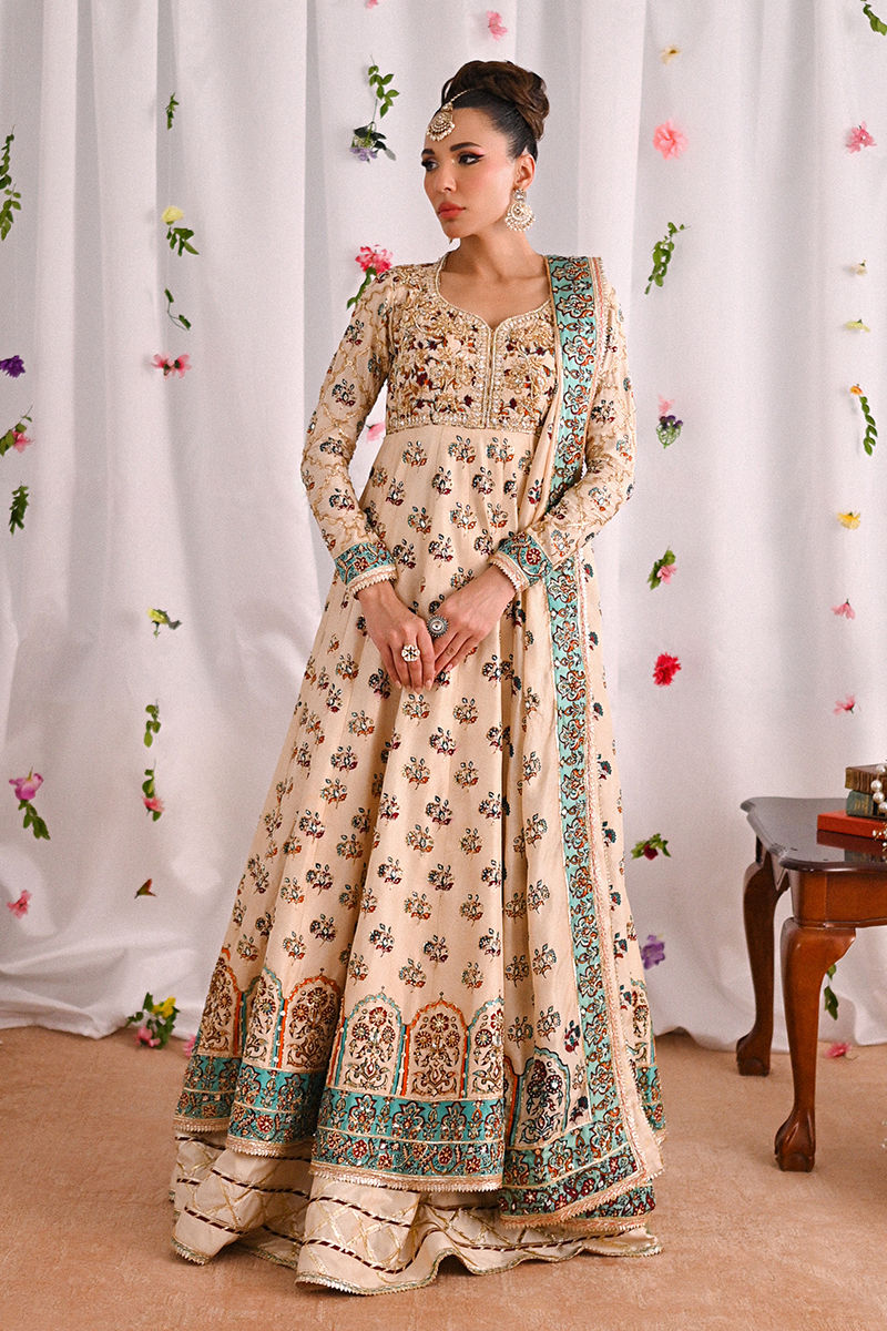 Pakistani Cream Embellished Raw Silk Kalidar Pishwas (3-Piece) - Image 1