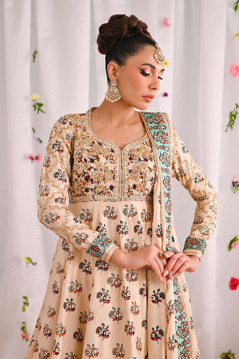 Pakistani Cream Embellished Raw Silk Kalidar Pishwas (3-Piece) - Image 2