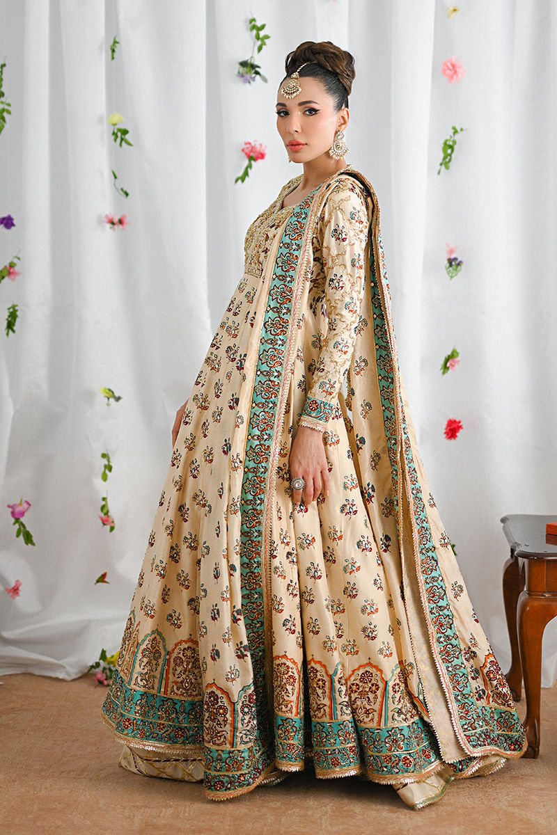 Pakistani Cream Embellished Raw Silk Kalidar Pishwas (3-Piece) - Image 6