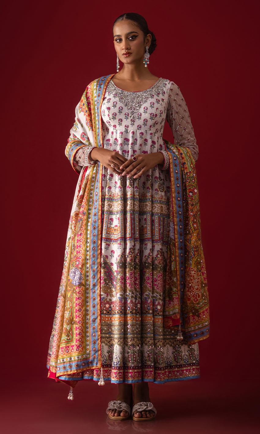 Pakistani Ivory Hand Embellished Raw Silk Pishwas (2-Piece) - Image 1