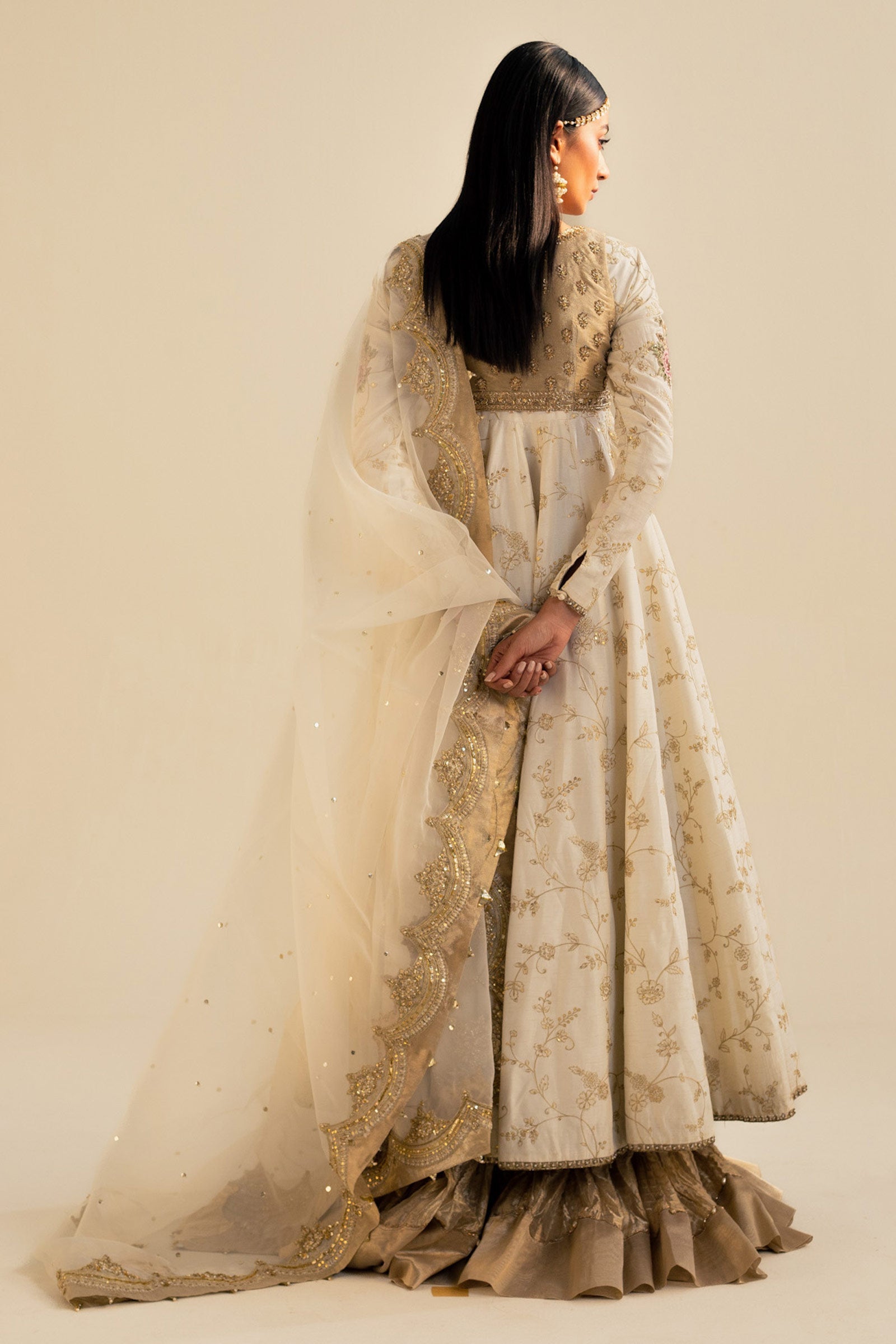 Pakistani Off-White Gold Embroidered Raw Silk Pishwas (3-Piece) - Image 7