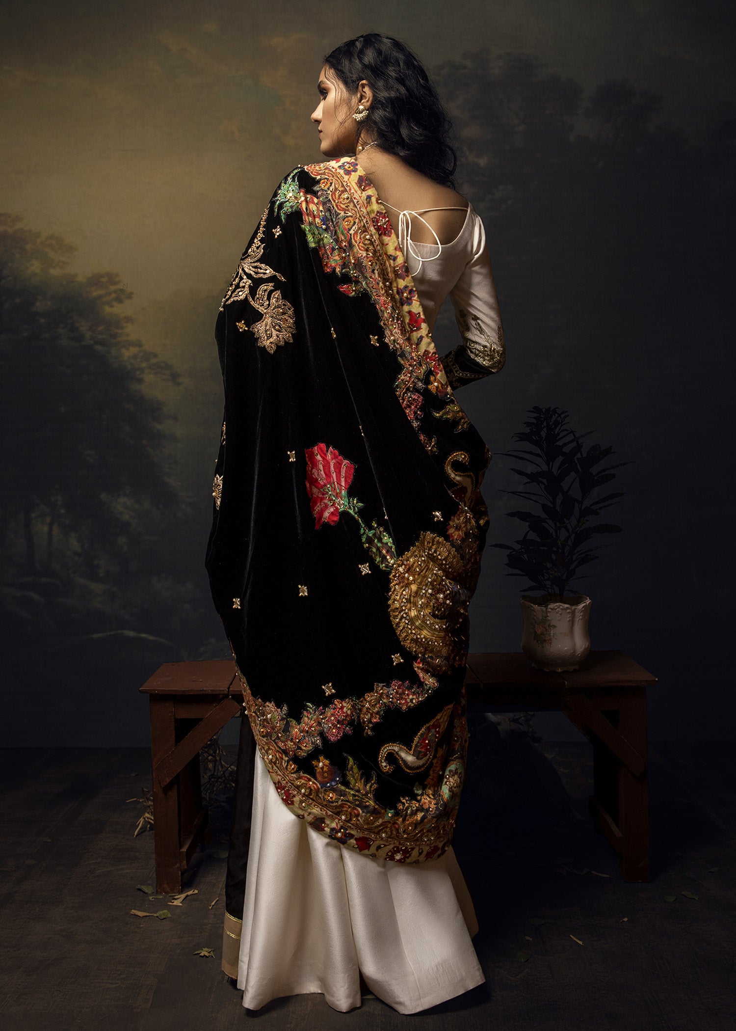 Pakistani Ivory Embroidered Raw Silk Pishwas (2-Piece) - Image 3