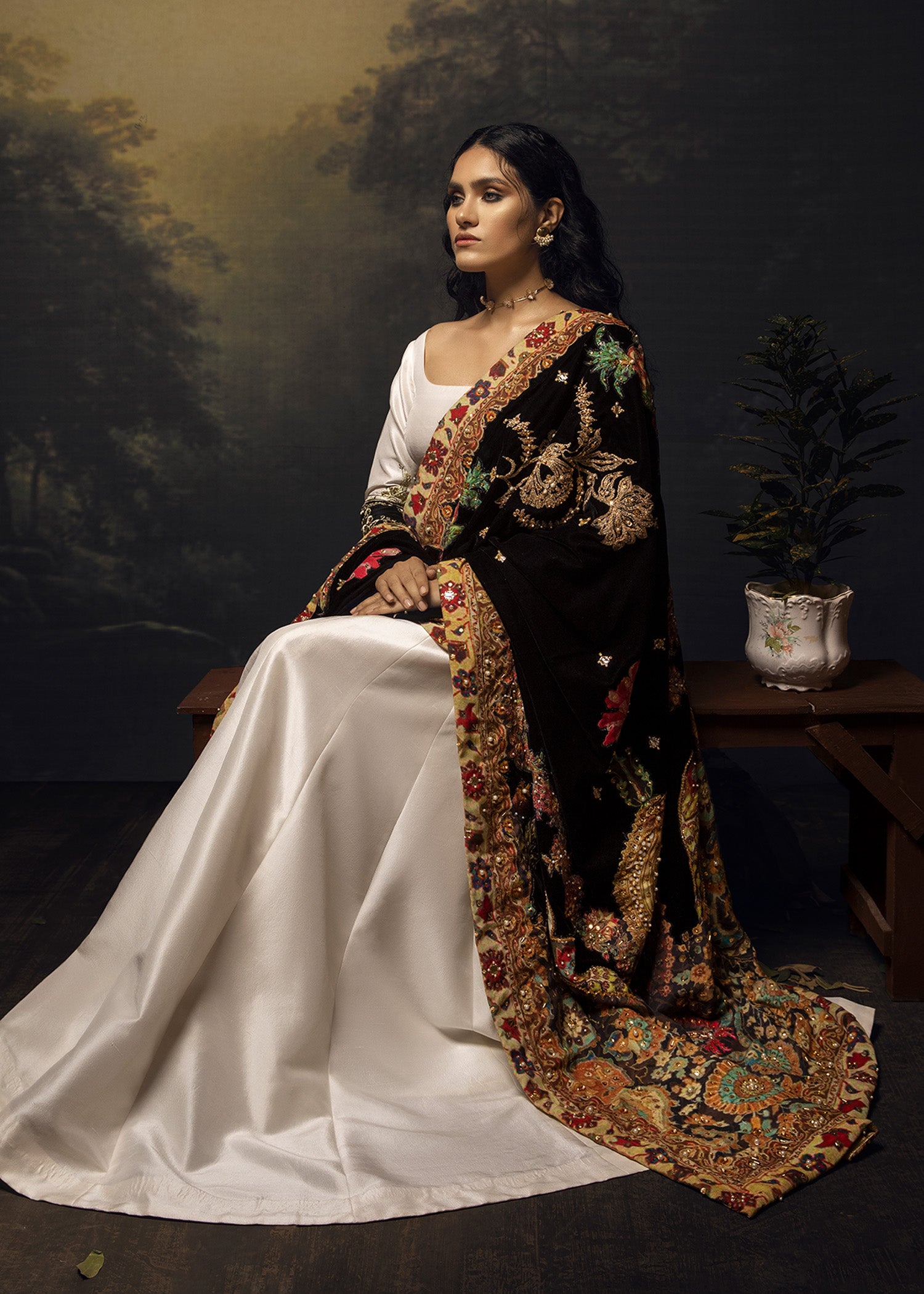 Pakistani Ivory Embroidered Raw Silk Pishwas (2-Piece) - Image 6