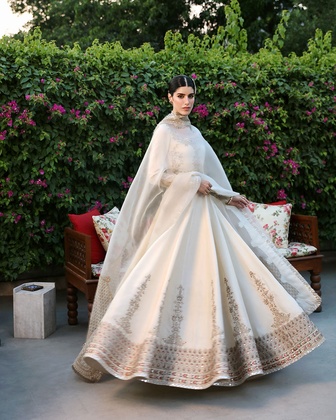 Pakistani Off-White Embroidered Korean Raw Silk Pishwas (3-Piece) - Image 3