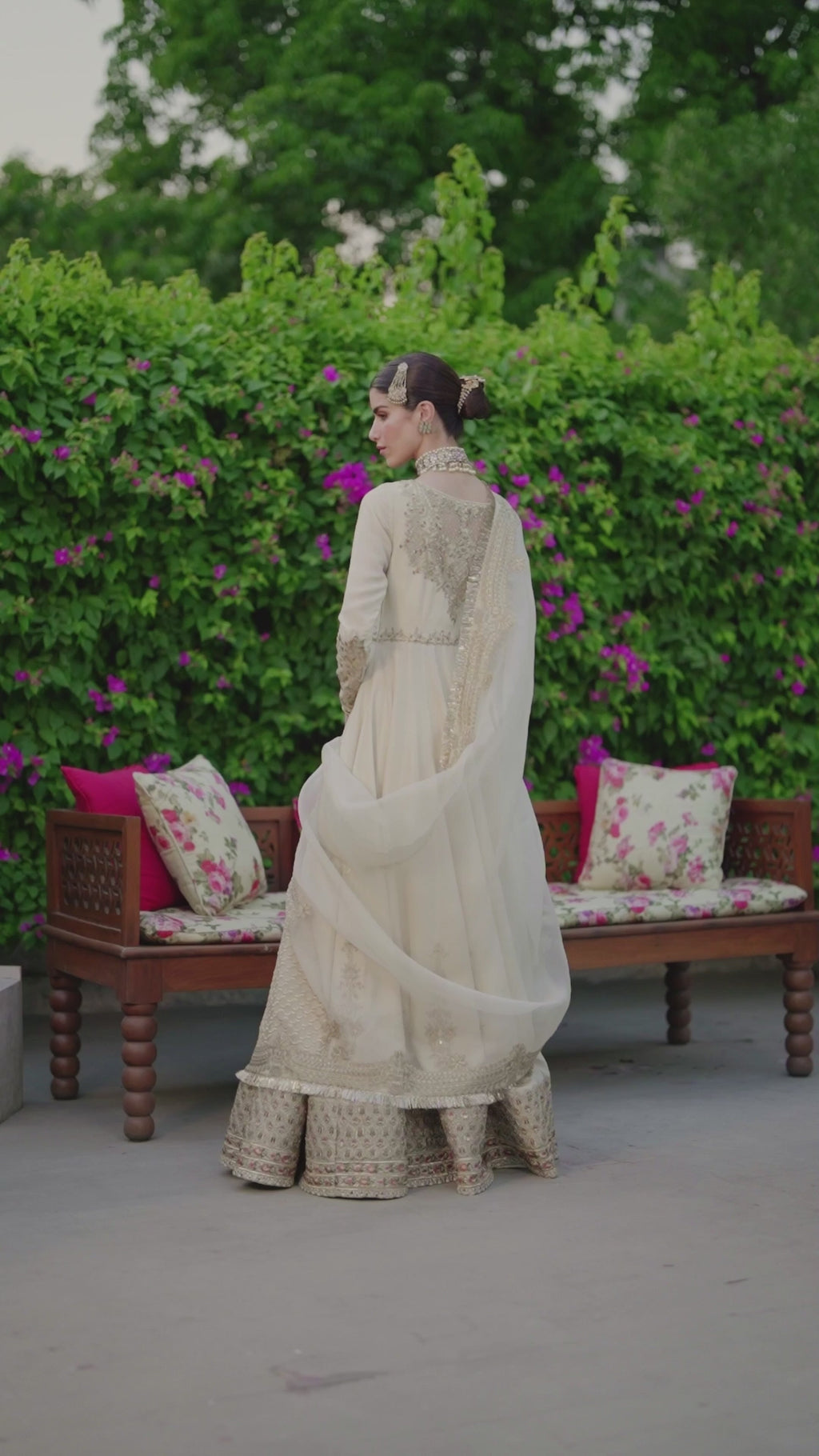 Pakistani Off-White Embroidered Korean Raw Silk Pishwas (3-Piece) - Image 9