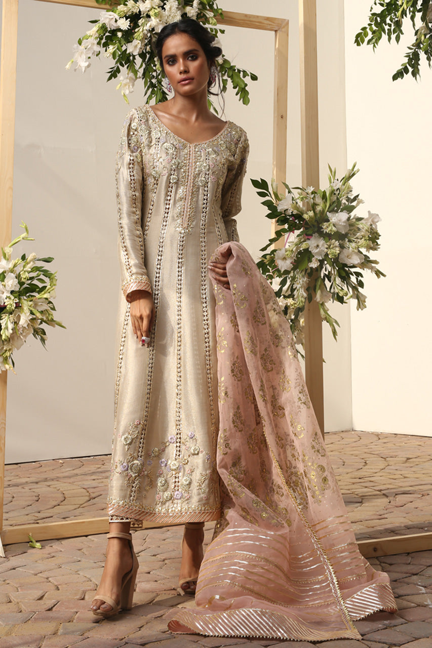Pakistani Ivory Zardozi Meysuri Pishwas Dress (3-Piece) - Image 1