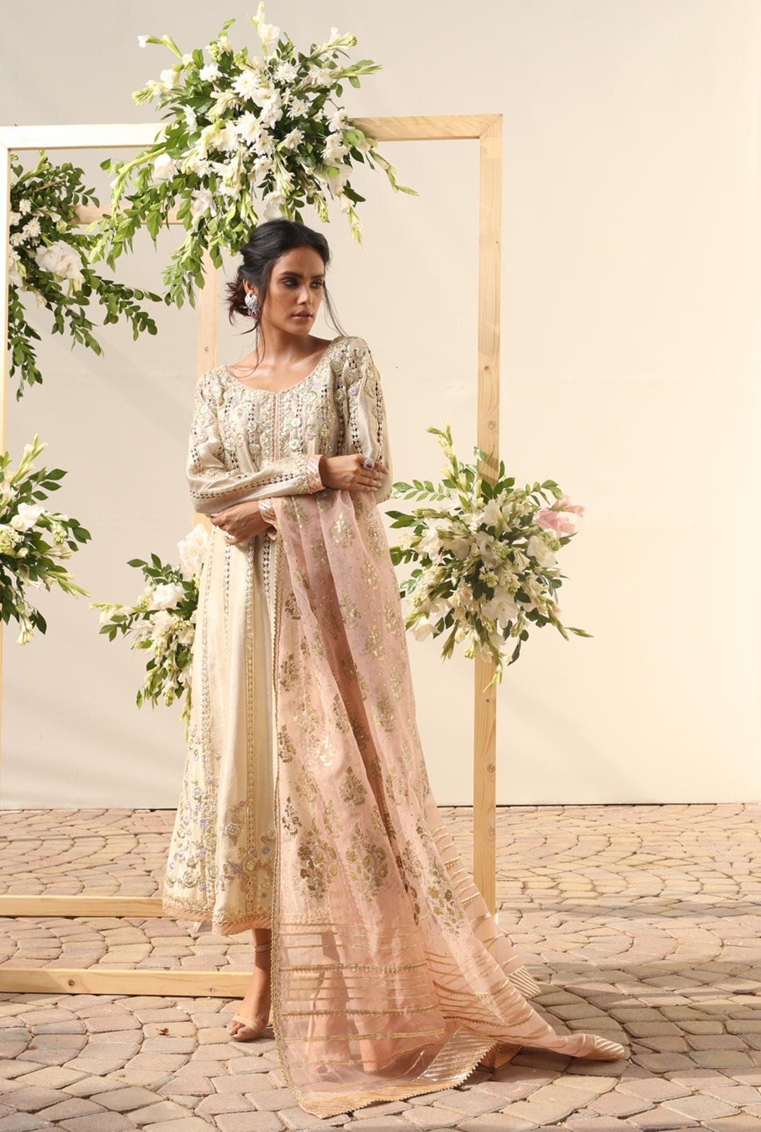 Pakistani Ivory Zardozi Meysuri Pishwas Dress (3-Piece) - Image 2