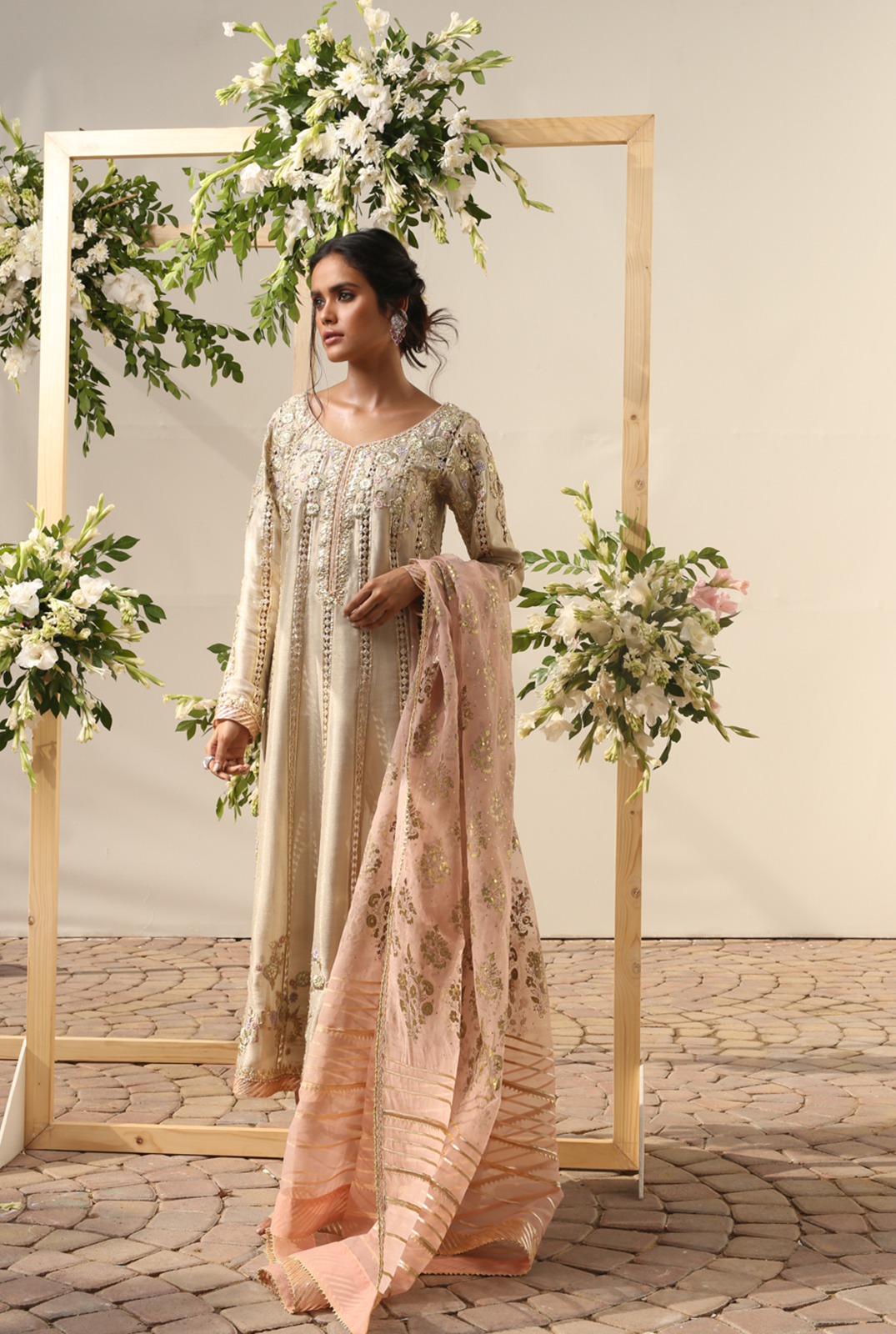 Pakistani Ivory Zardozi Meysuri Pishwas Dress (3-Piece) - Image 3