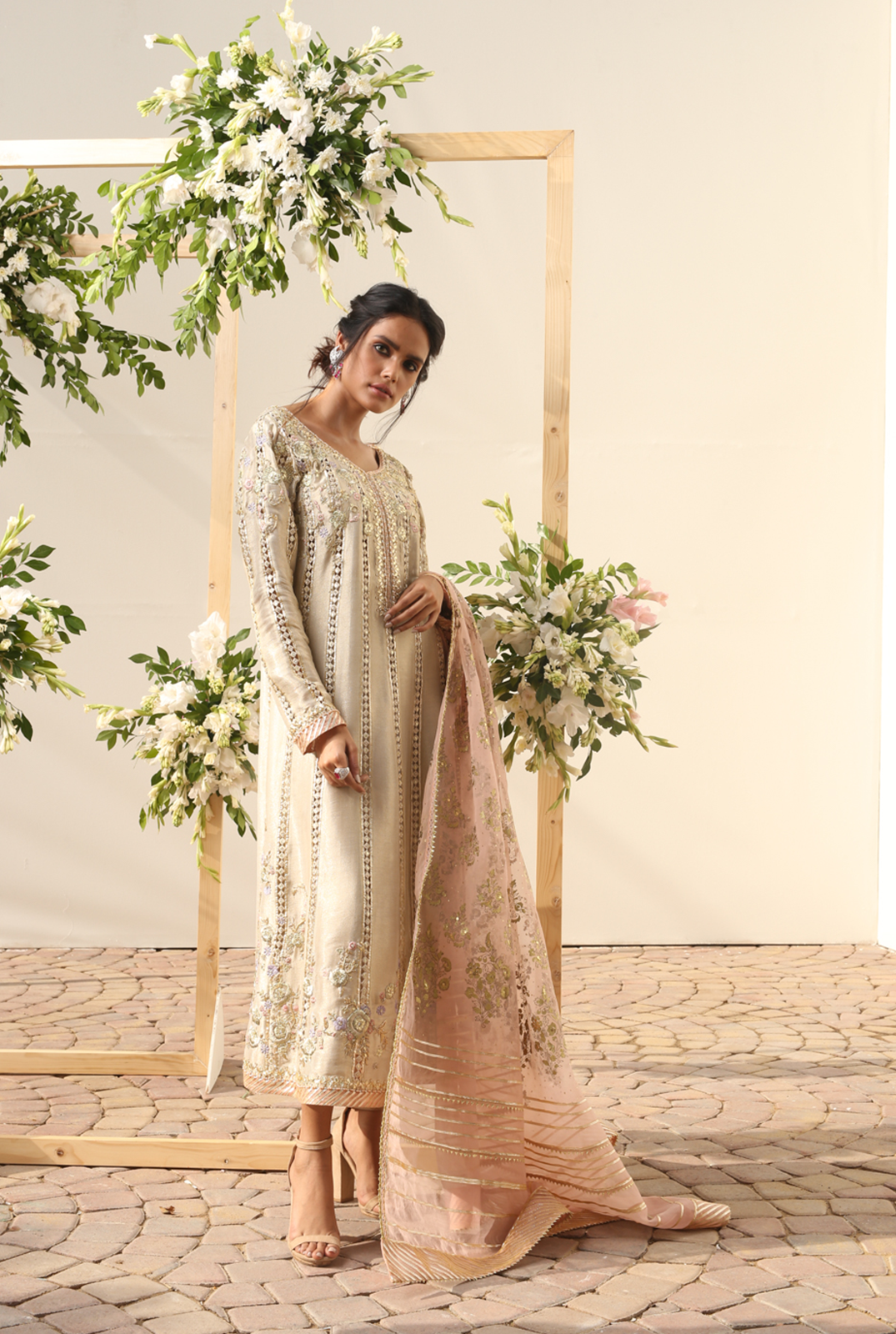 Pakistani Ivory Zardozi Meysuri Pishwas Dress (3-Piece) - Image 4