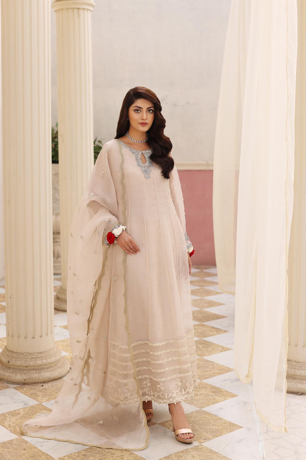 Ivory Zardozi Raw Silk Pishwas Dress (3-Piece) - Image 1